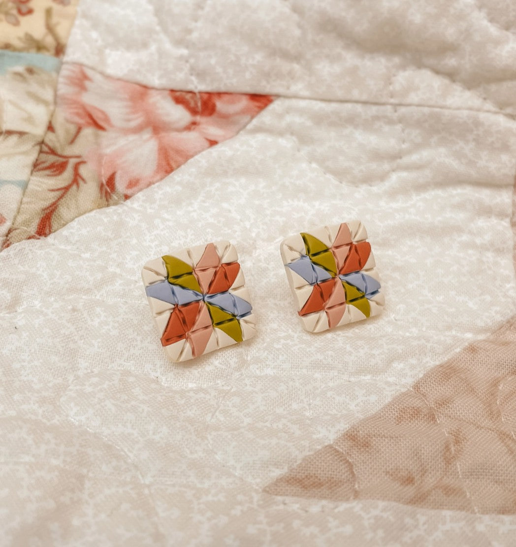 Fruit Punch Quilt Block Stud Earrings by Sydni Carlson Art