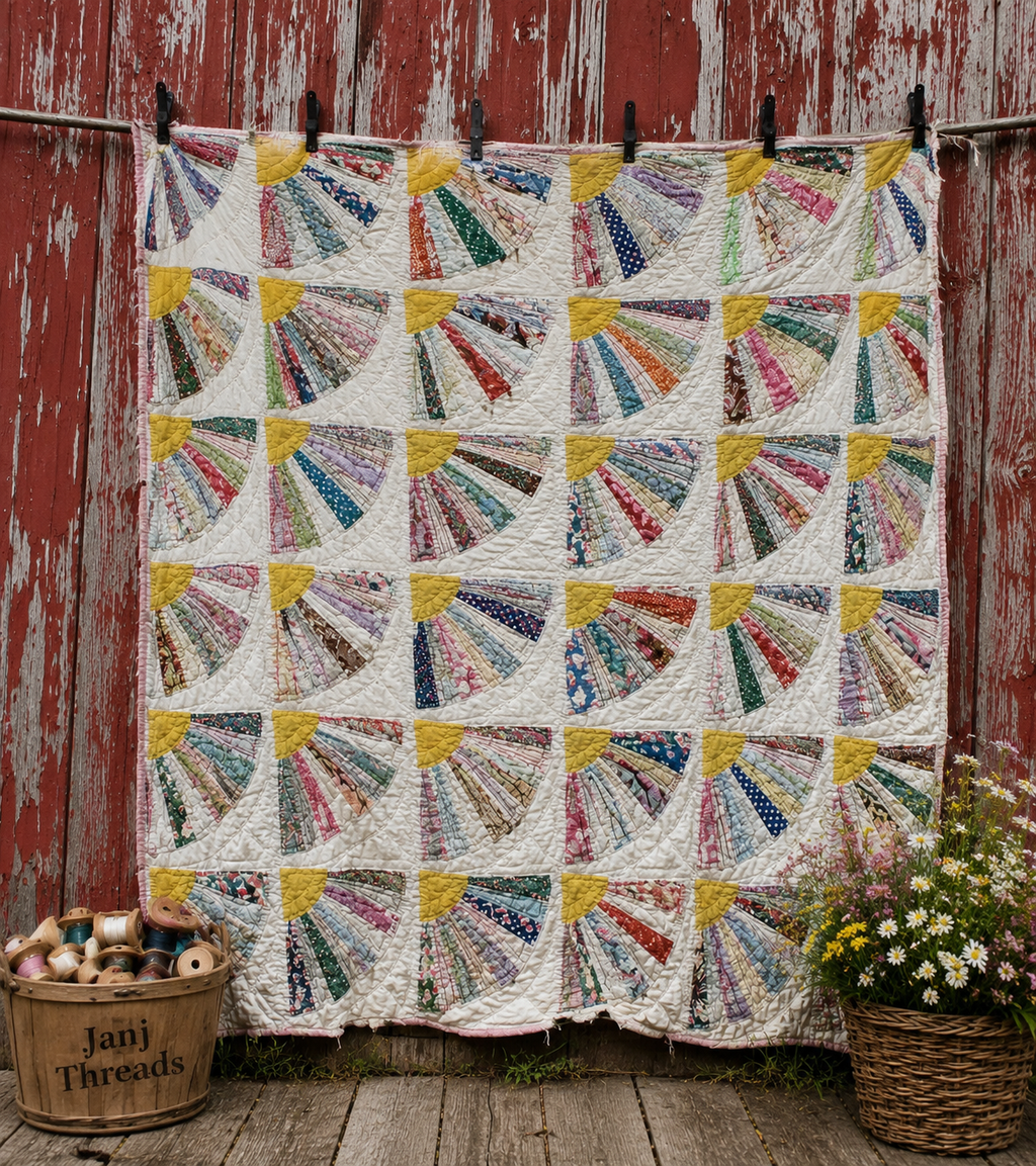 A handmade quilted patchwork blanket with a colorful radial fan pattern on a white background, hanging from a rope against a weathered red wooden fence. A wooden bucket labeled 'Janji Threads' and a basket of flowers sit on the ground nearby.