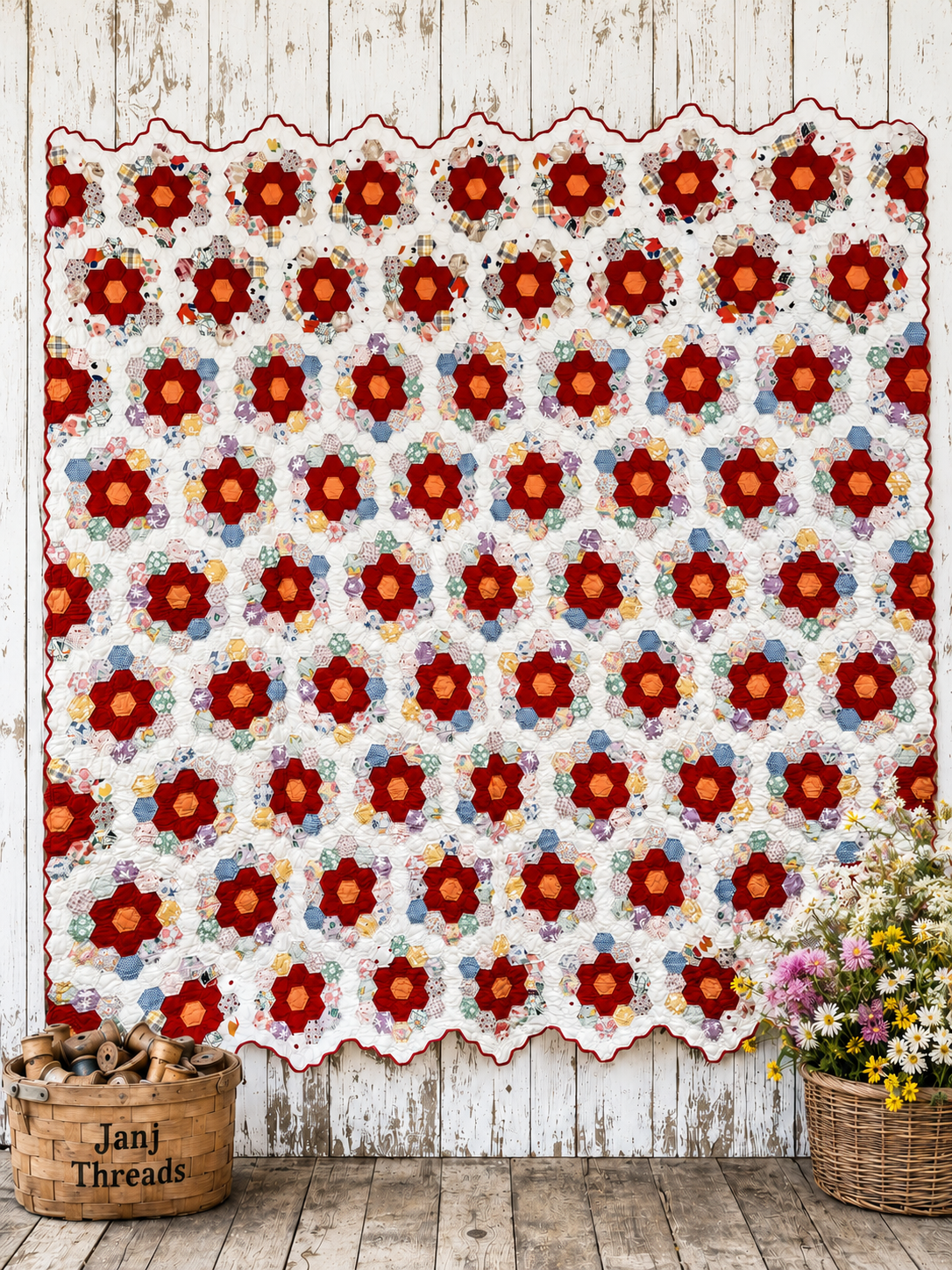 A large quilted textile with an allover floral patchwork pattern hangs against a rustic white wood wall. The design features red and dark red flowers with yellow centers, surrounded by blue, green, and orange floral motifs on a white background. Grandmother's Flower Garden Quilt. 