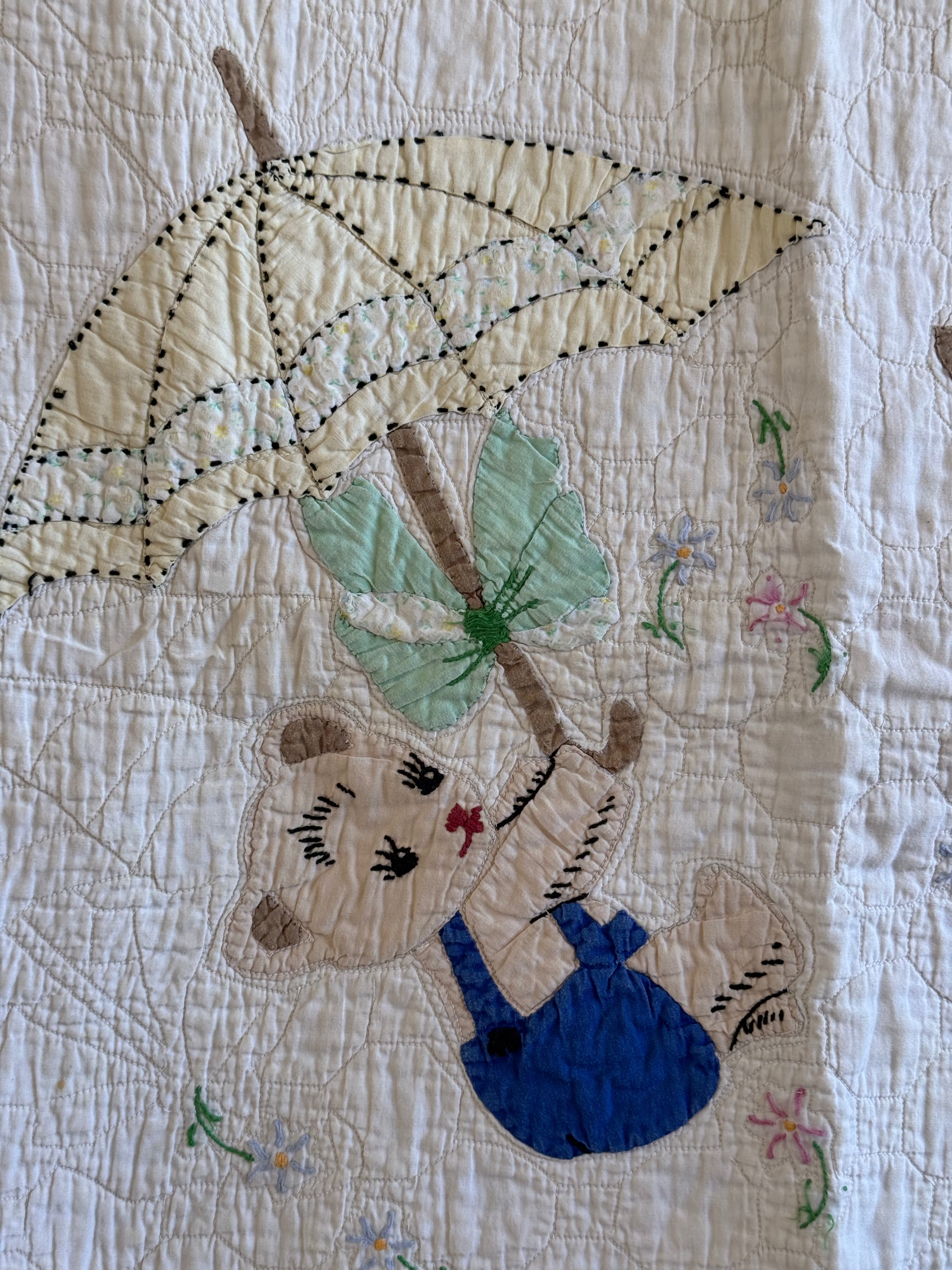 Vintage Embroidered Teddy Bear Baby Quilt