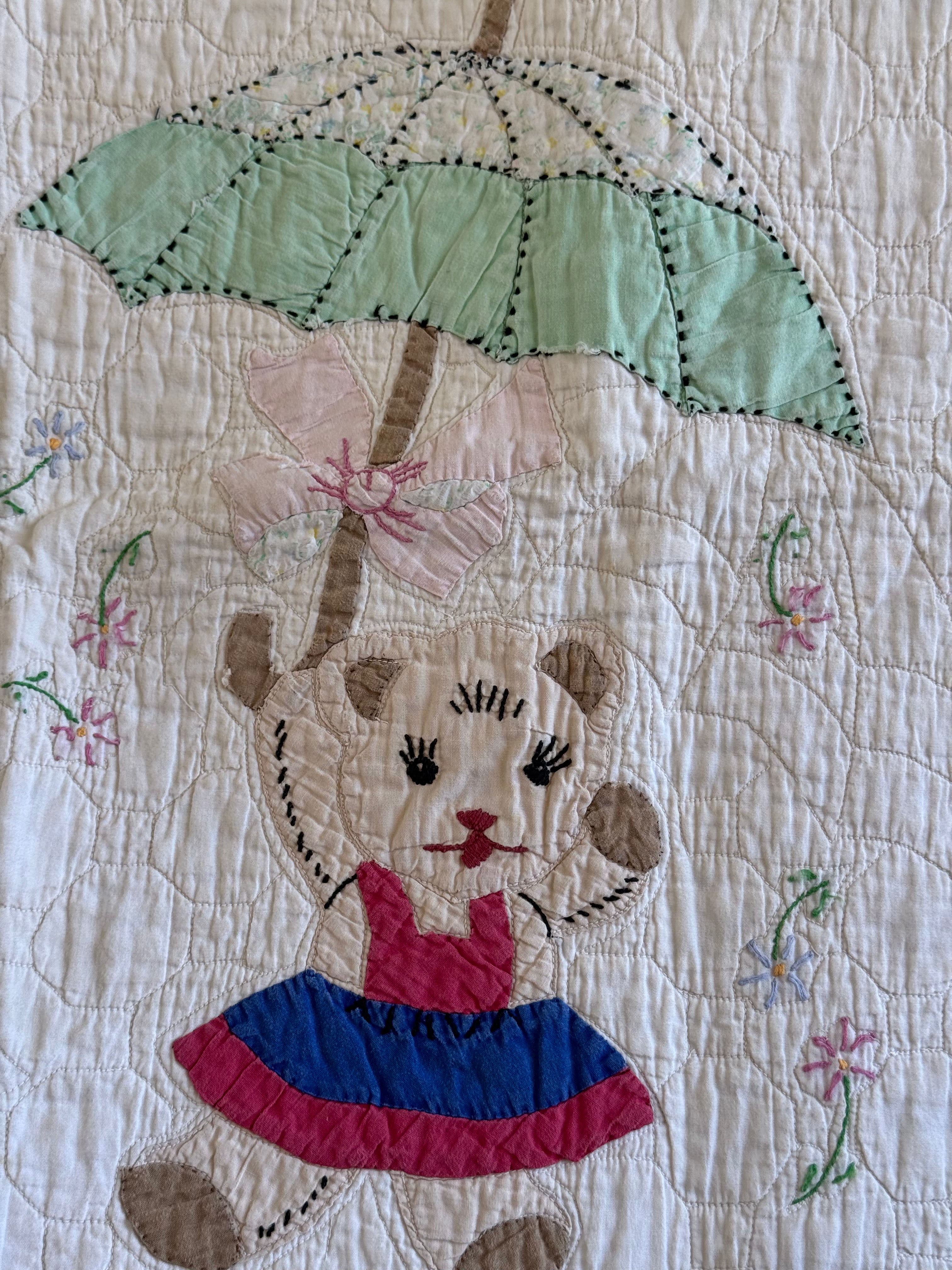 Vintage Embroidered Teddy Bear Baby Quilt