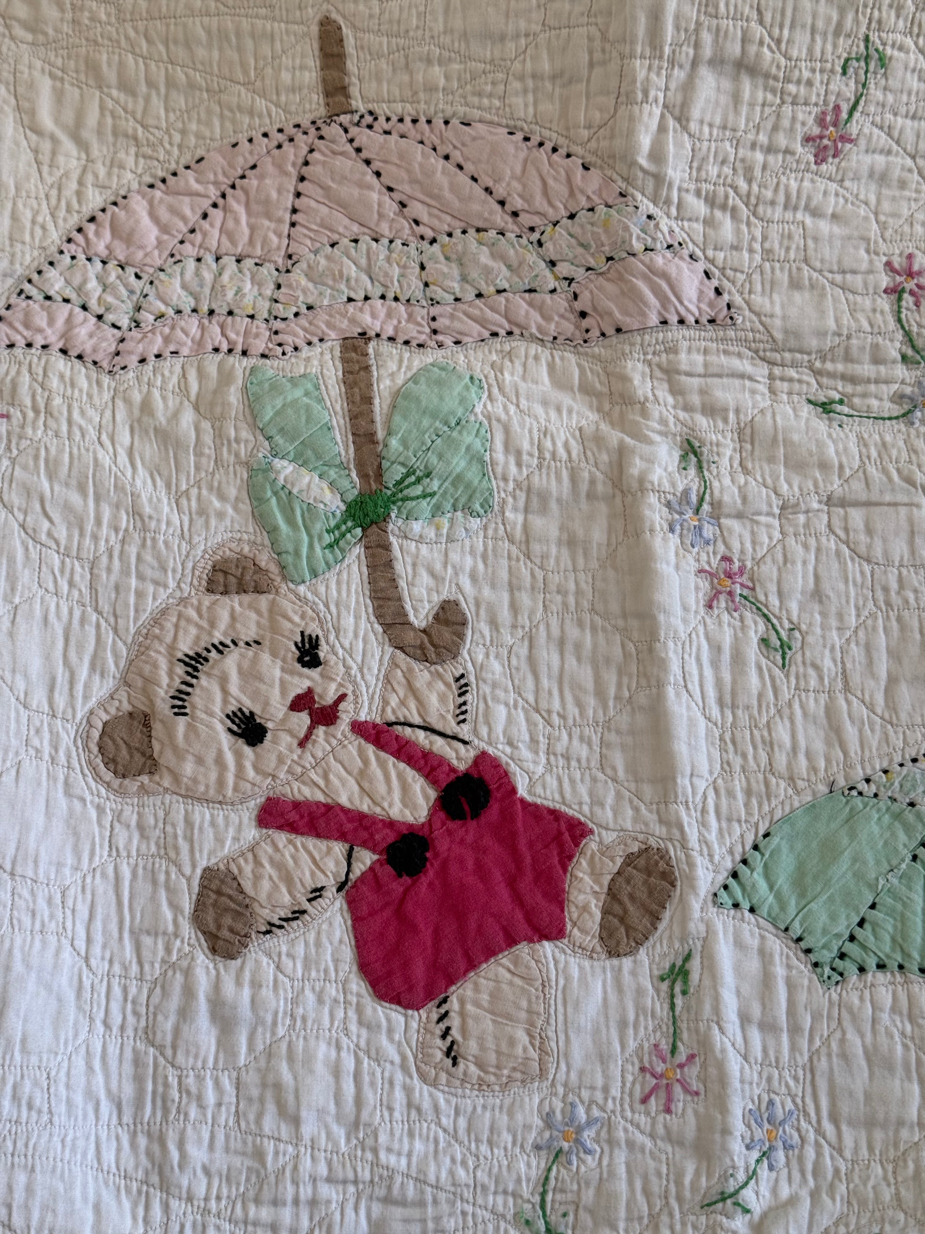 Vintage Embroidered Teddy Bear Baby Quilt
