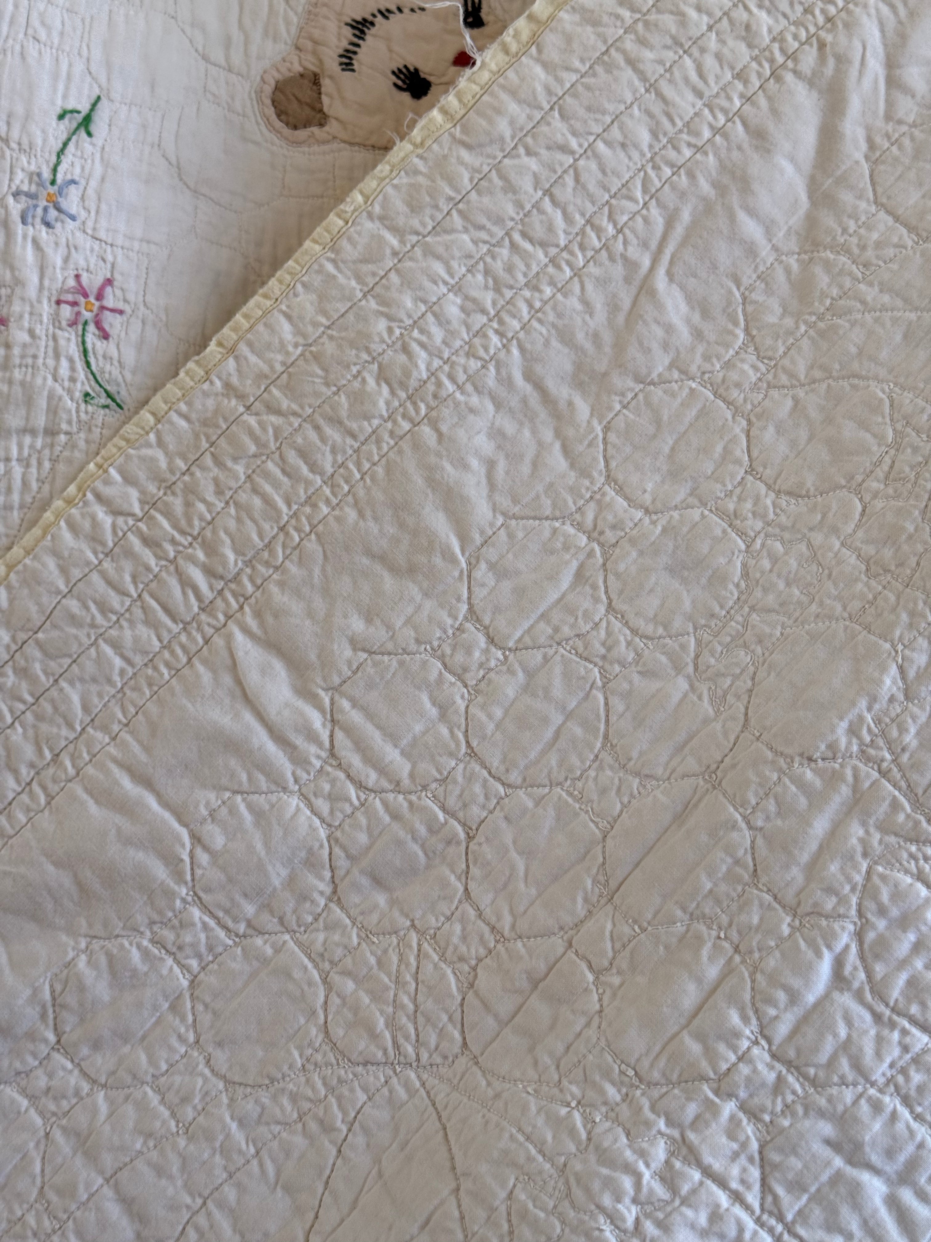 Vintage Embroidered Teddy Bear Baby Quilt