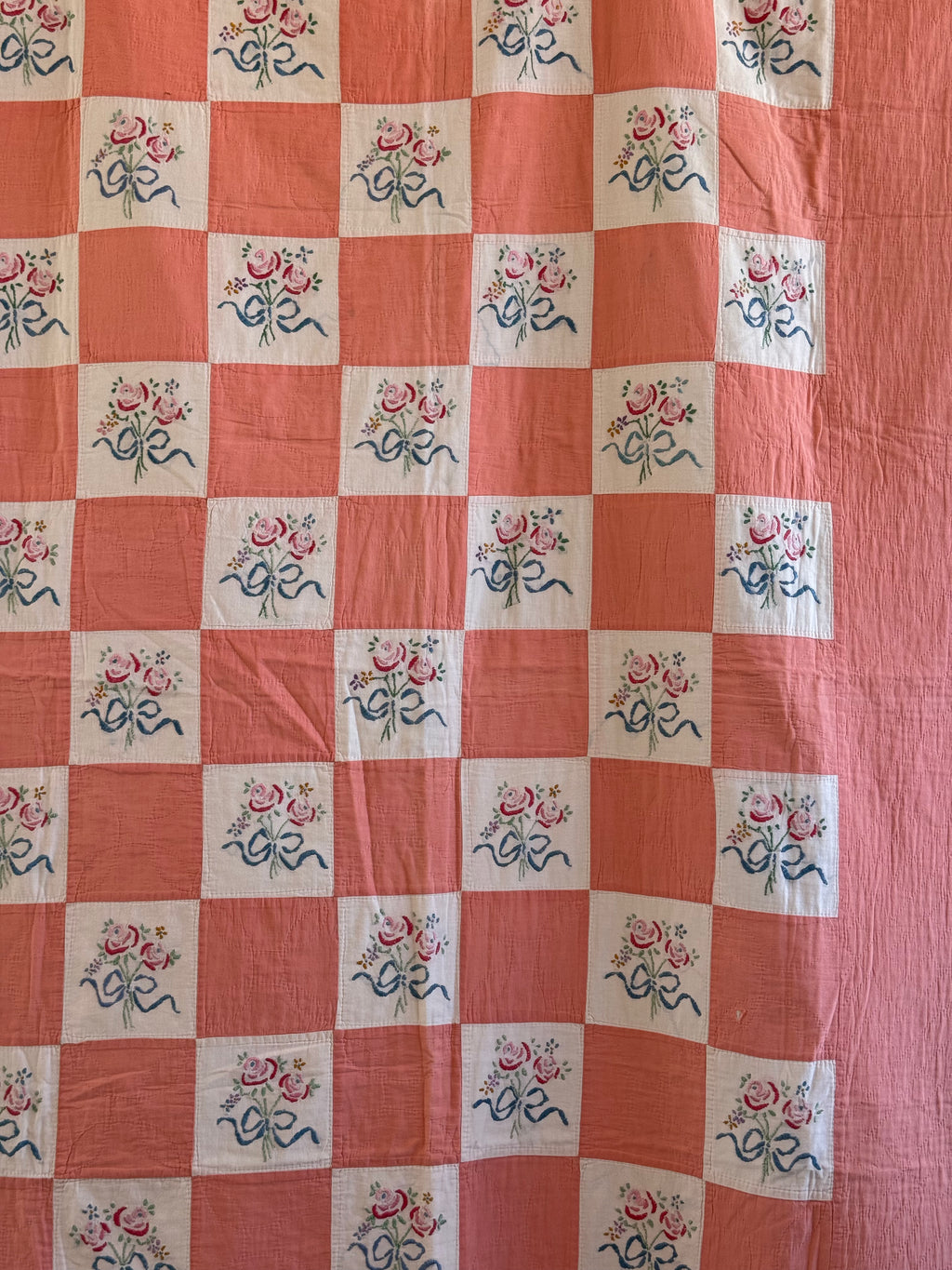 Vintage Peach Bouquet Embroidered Quilt
