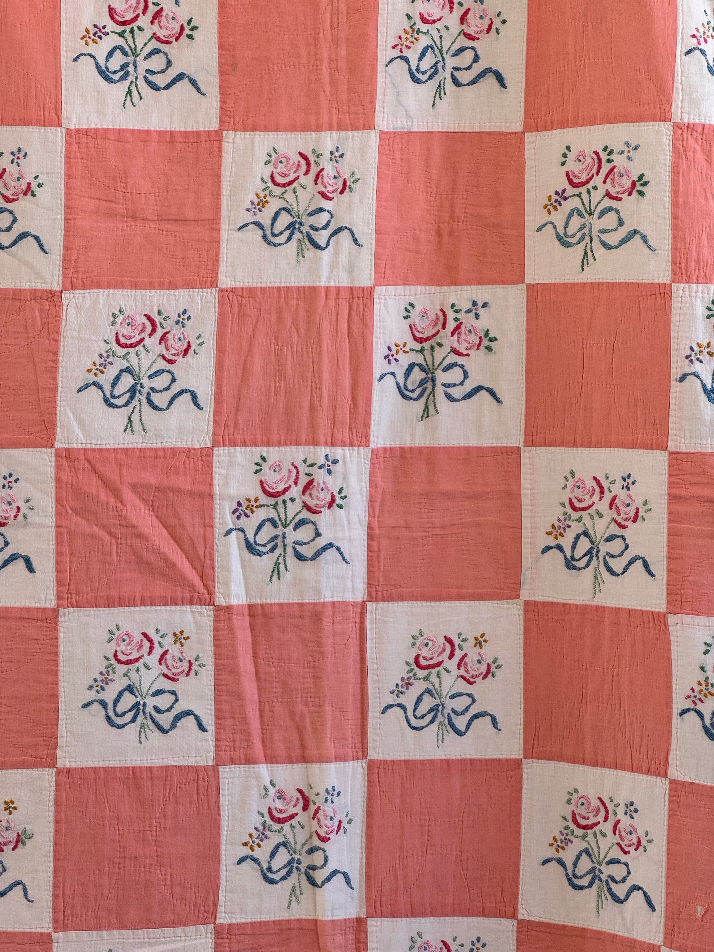 Vintage Peach Bouquet Embroidered Quilt