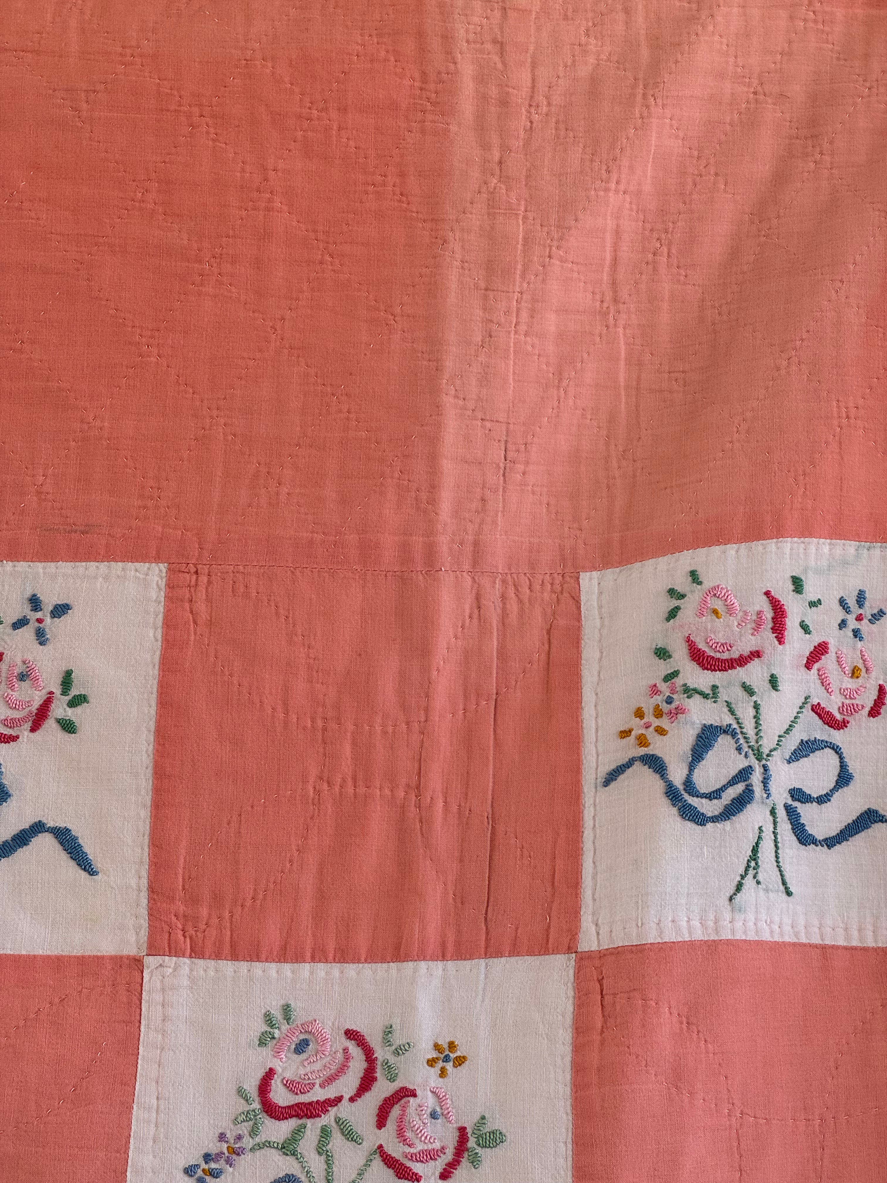 Vintage Peach Bouquet Embroidered Quilt
