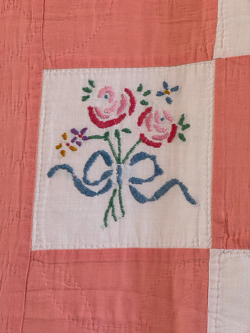 Vintage Peach Bouquet Embroidered Quilt