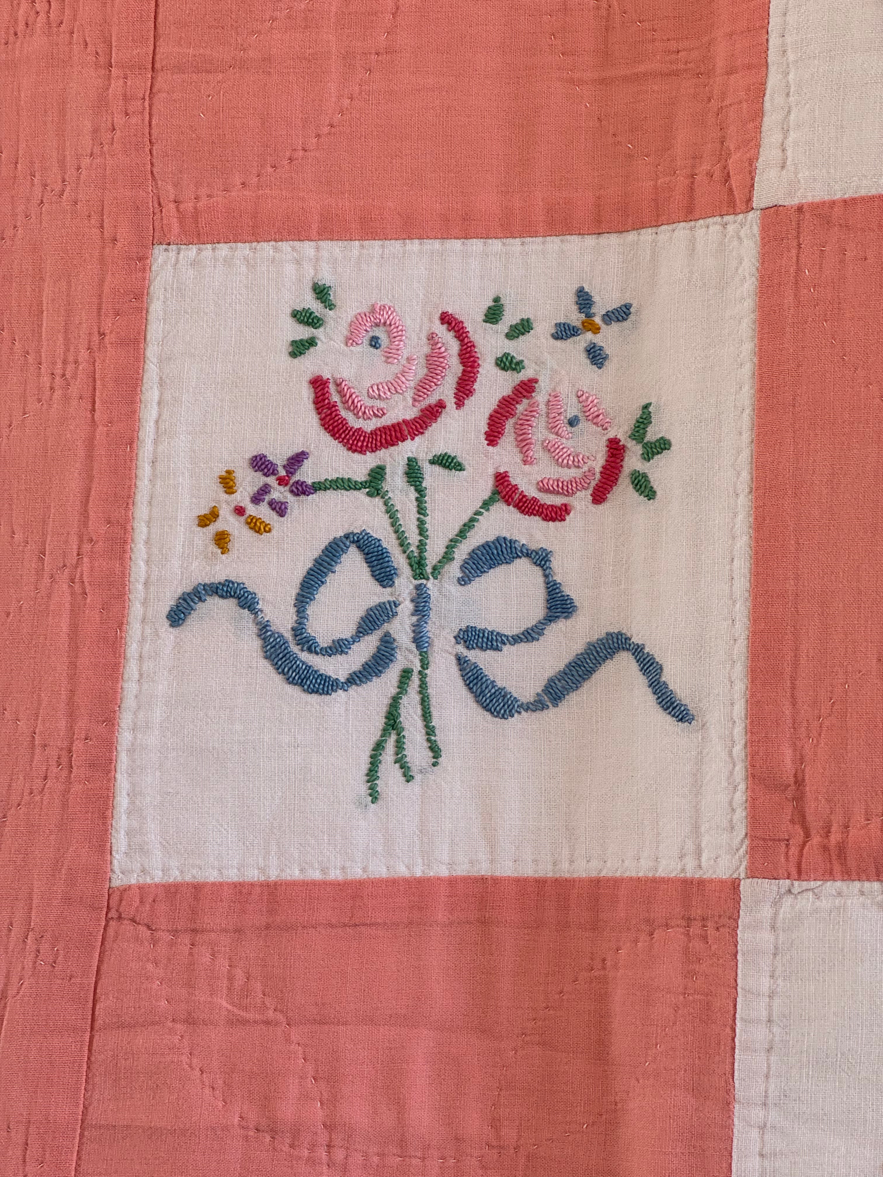 Vintage Peach Bouquet Embroidered Quilt