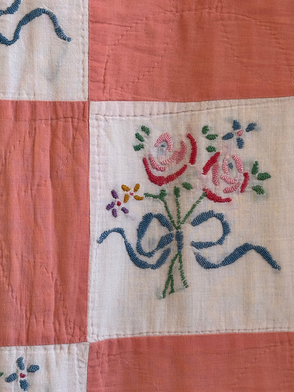 Vintage Peach Bouquet Embroidered Quilt