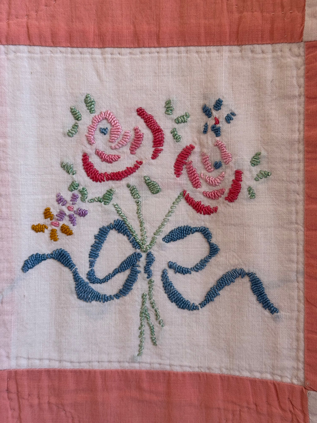Vintage Peach Bouquet Embroidered Quilt