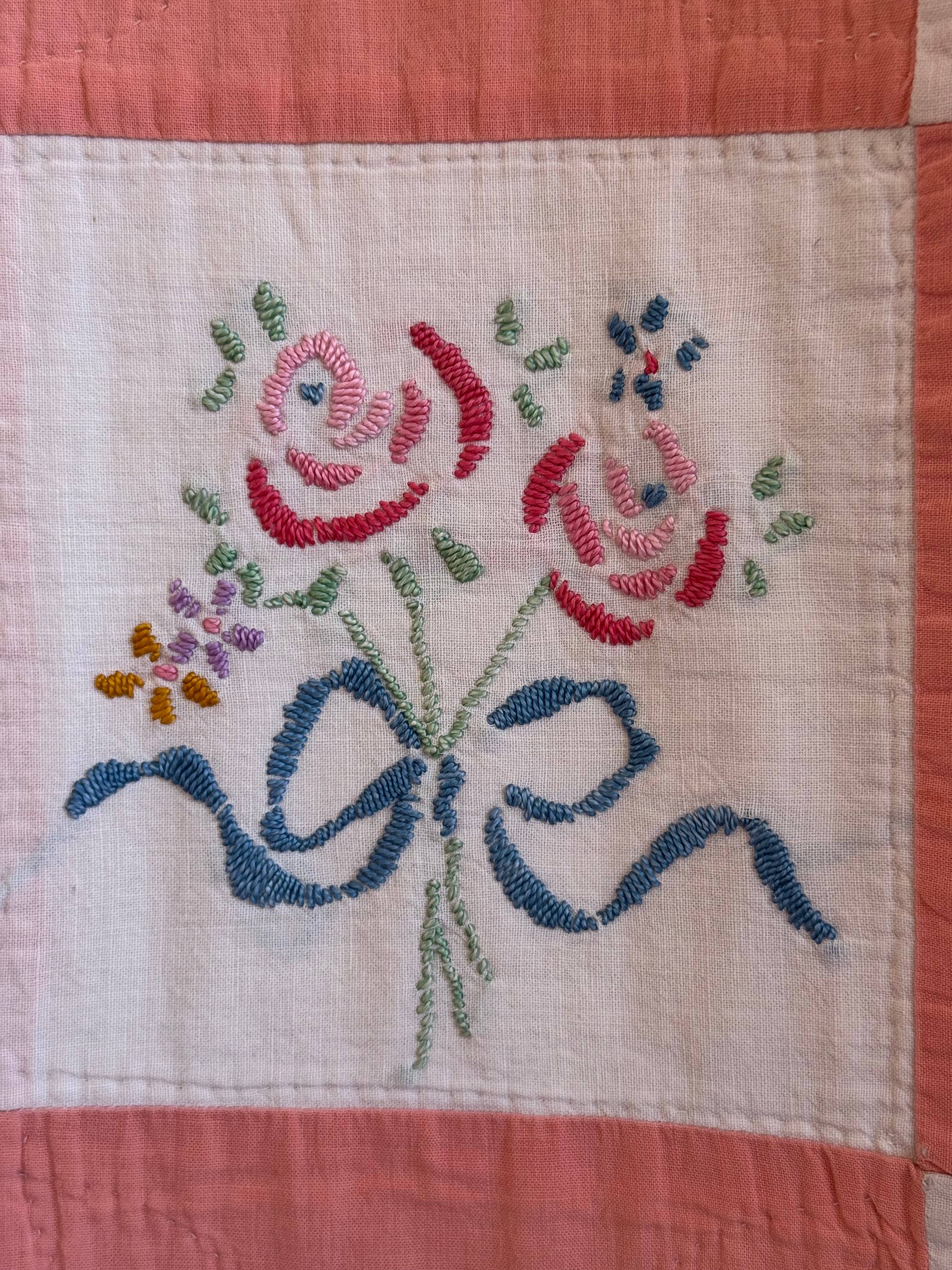 Vintage Peach Bouquet Embroidered Quilt