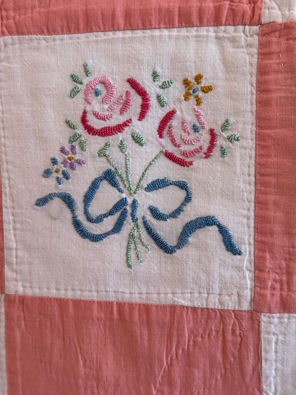 Vintage Peach Bouquet Embroidered Quilt