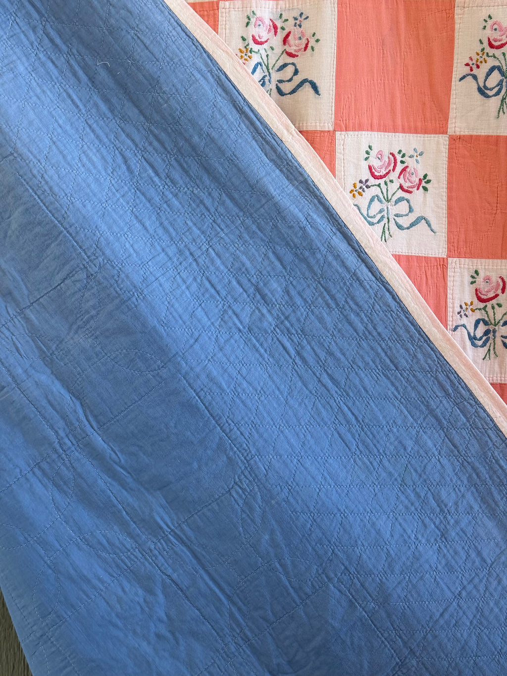 Vintage Peach Bouquet Embroidered Quilt