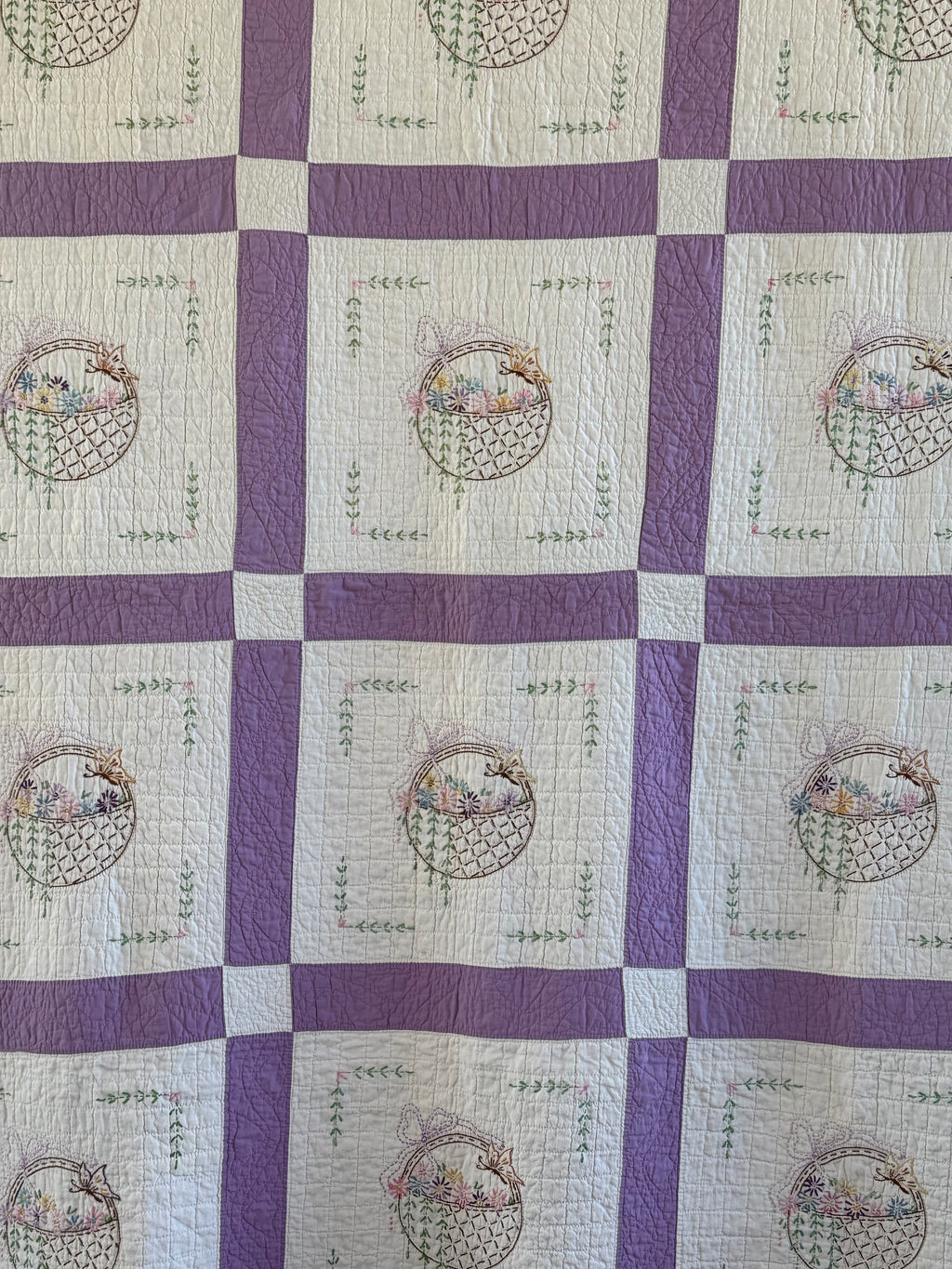 Vintage Purple Flower Basket Embroidered Quilt  **SOLD**