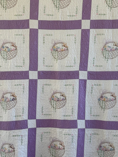 **SOLD Vintage Purple Flower Basket Embroidered Quilt  SOLD**