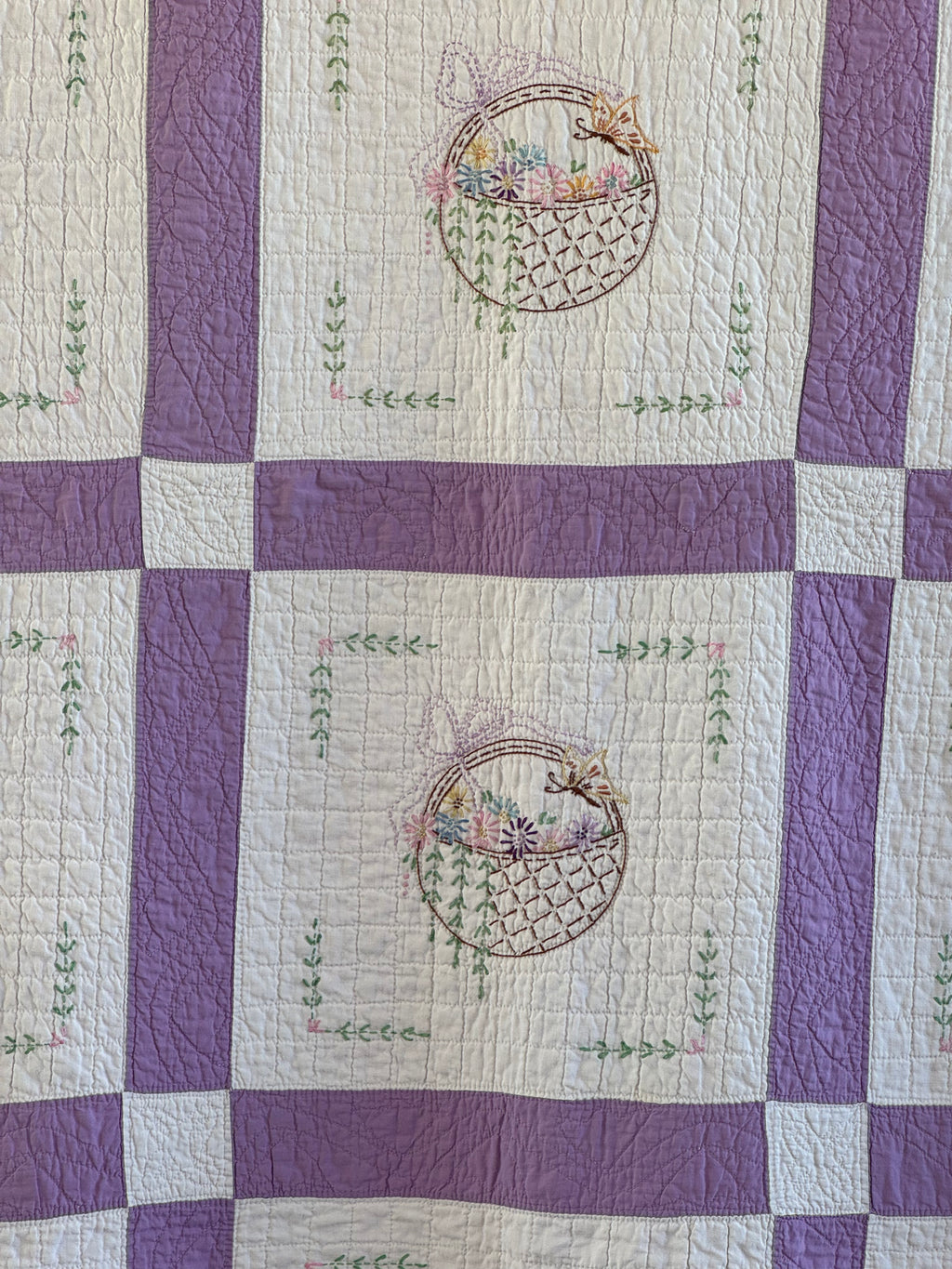 Vintage Purple Flower Basket Embroidered Quilt  **SOLD**