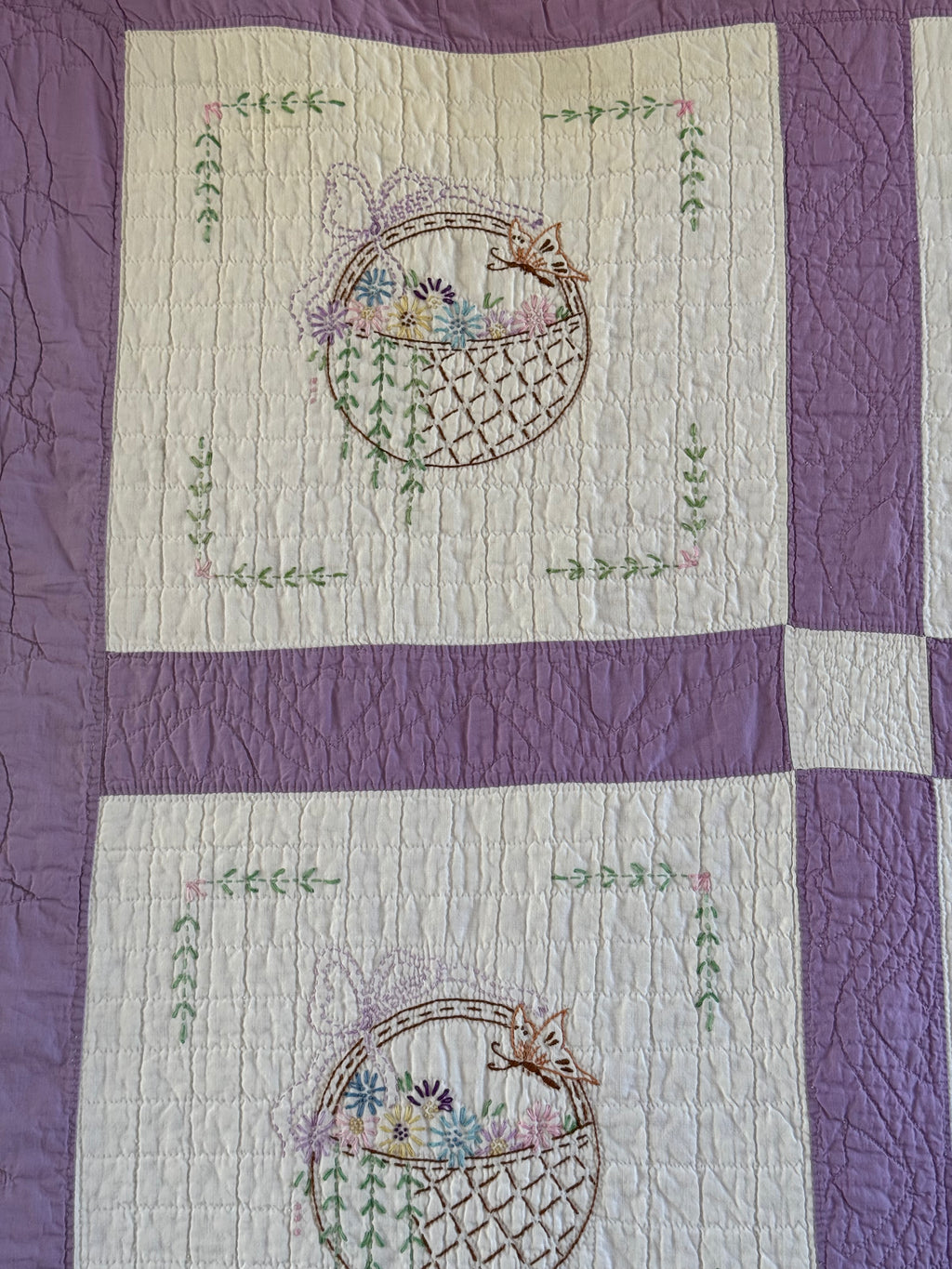 Vintage Purple Flower Basket Embroidered Quilt  **SOLD**