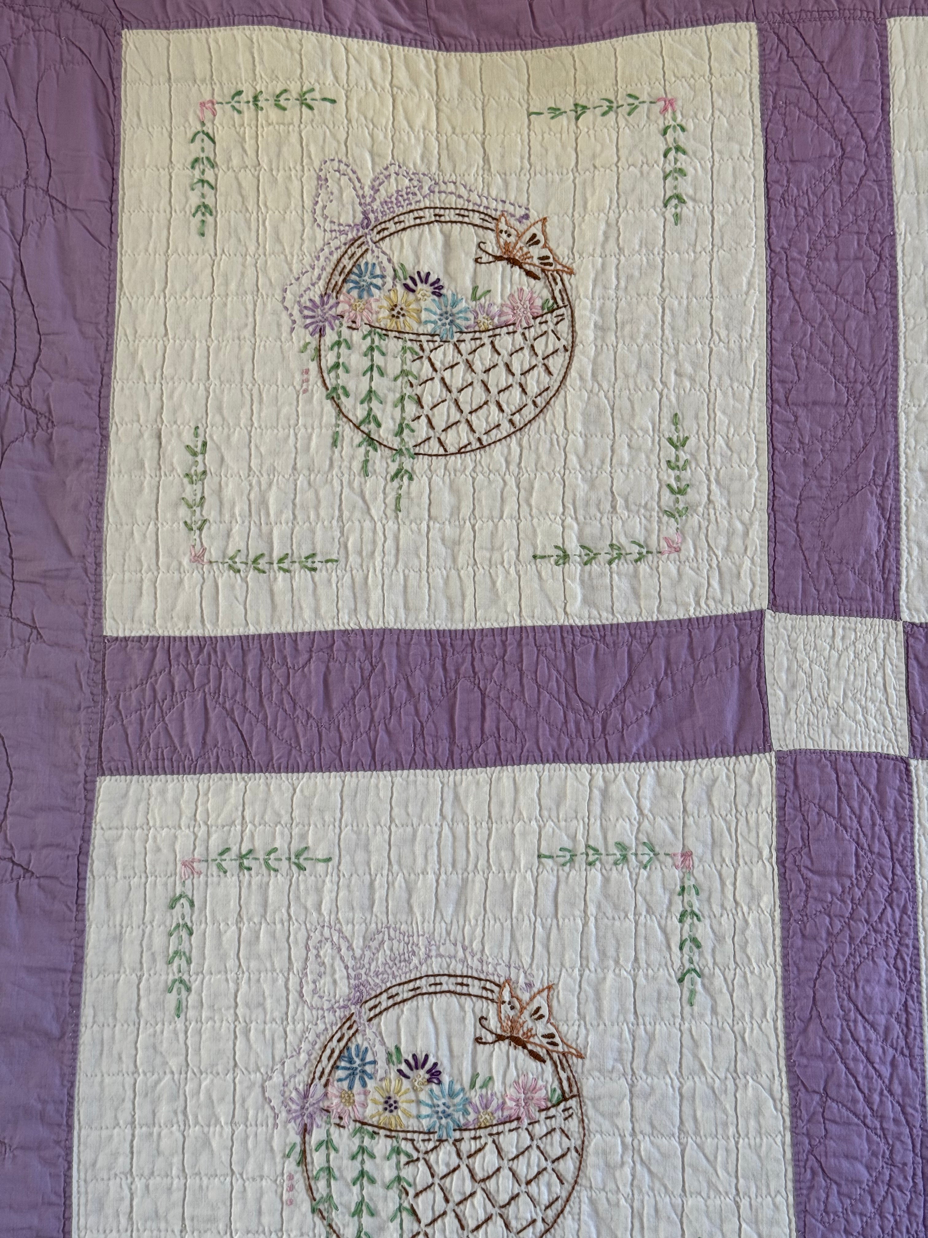Vintage Purple Flower Basket Embroidered Quilt  **SOLD**