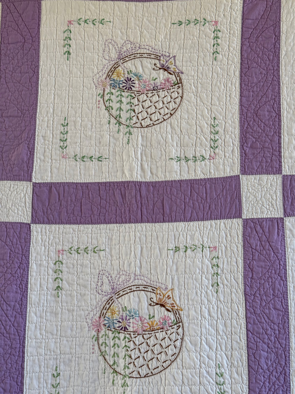 Vintage Purple Flower Basket Embroidered Quilt  **SOLD**