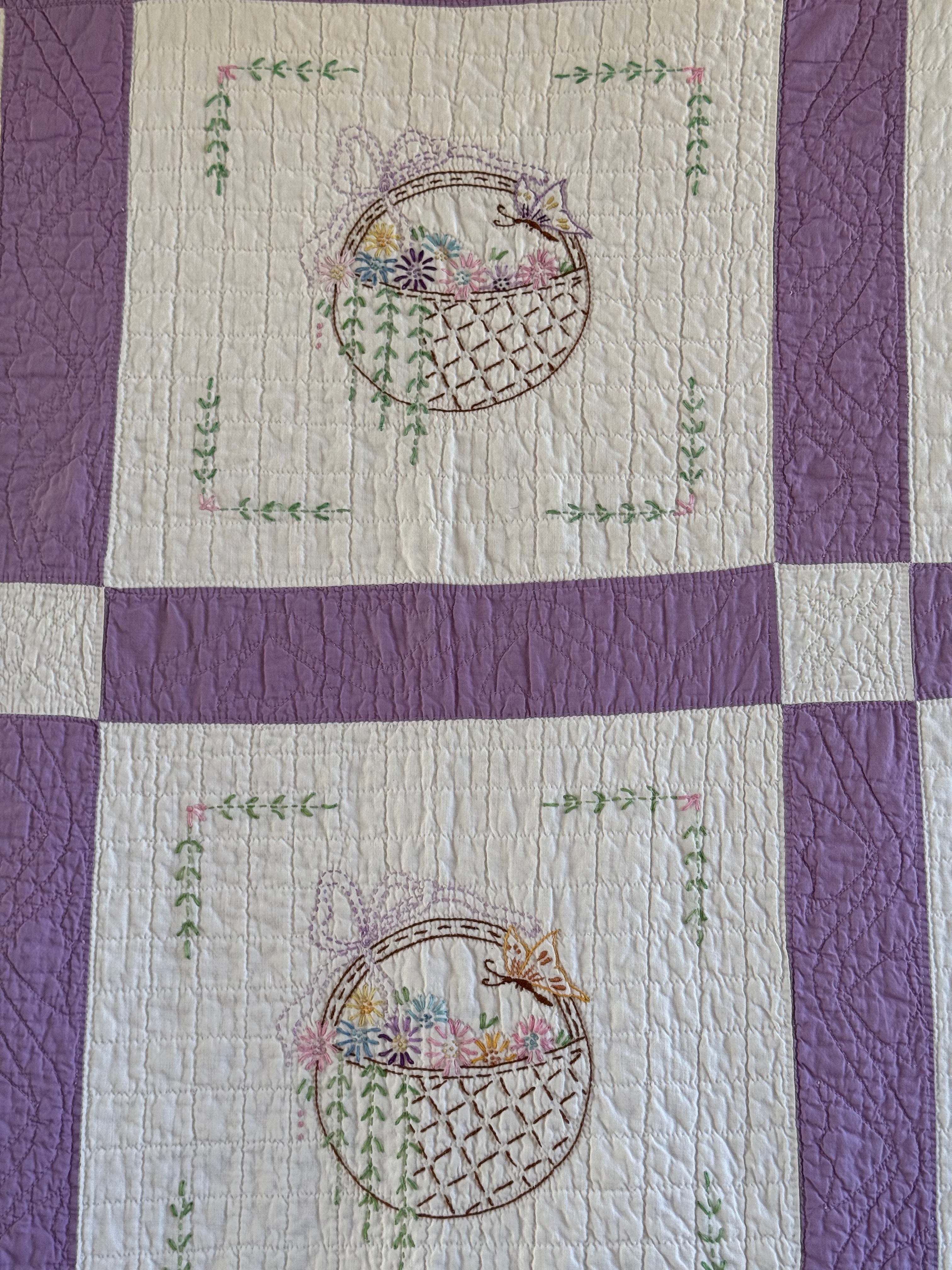 Vintage Purple Flower Basket Embroidered Quilt  **SOLD**