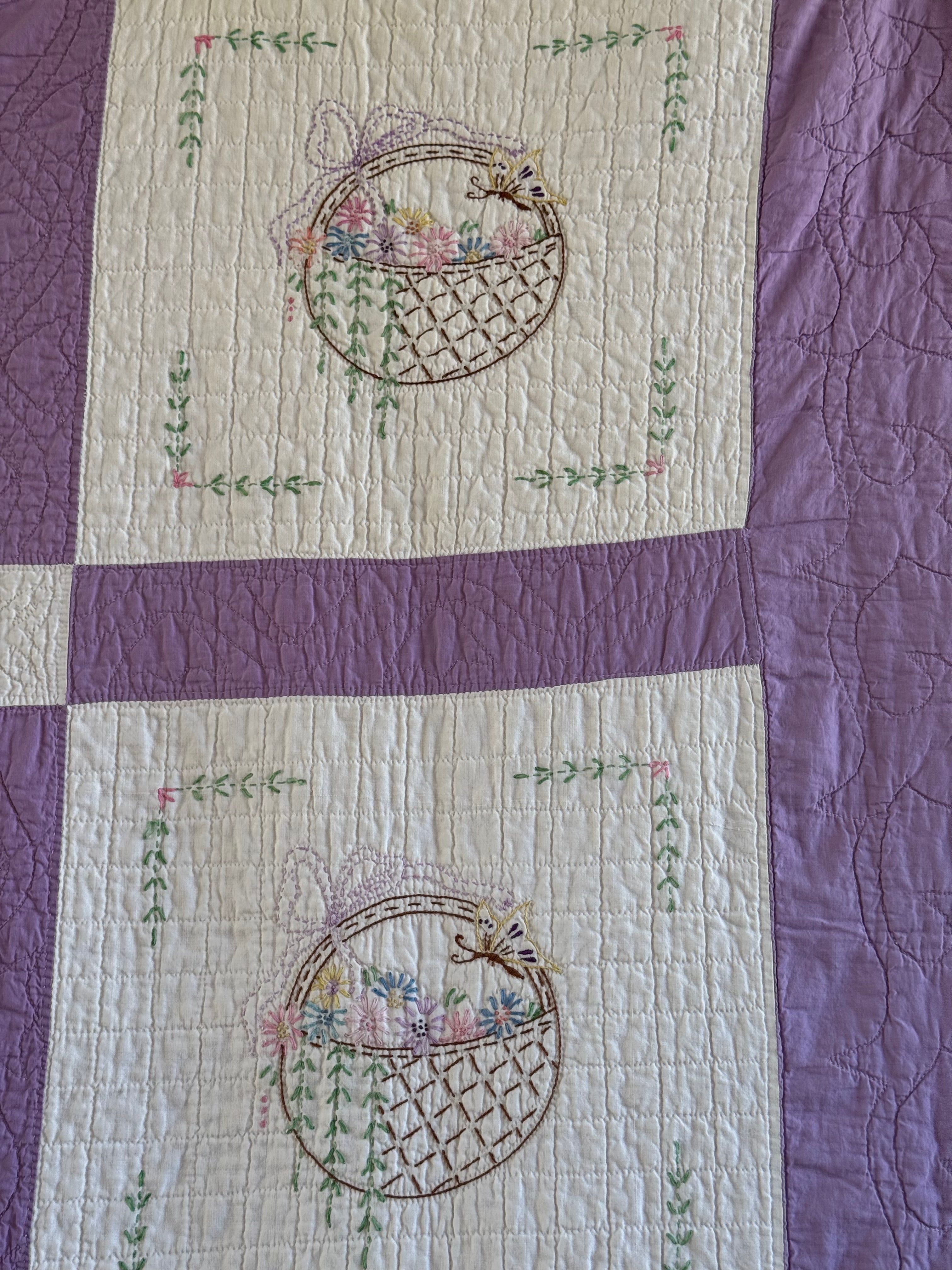Vintage Purple Flower Basket Embroidered Quilt  **SOLD**