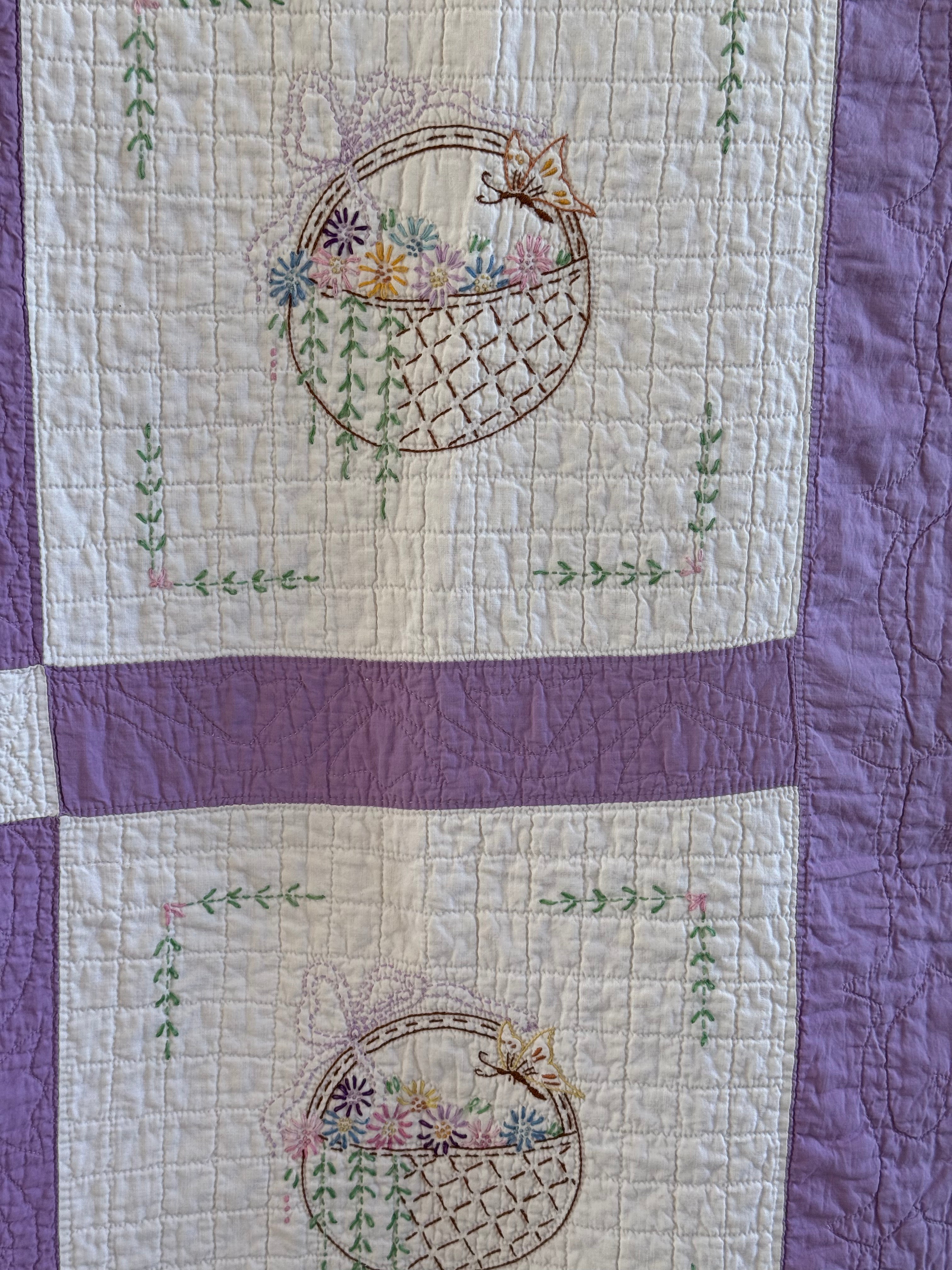 Vintage Purple Flower Basket Embroidered Quilt  **SOLD**