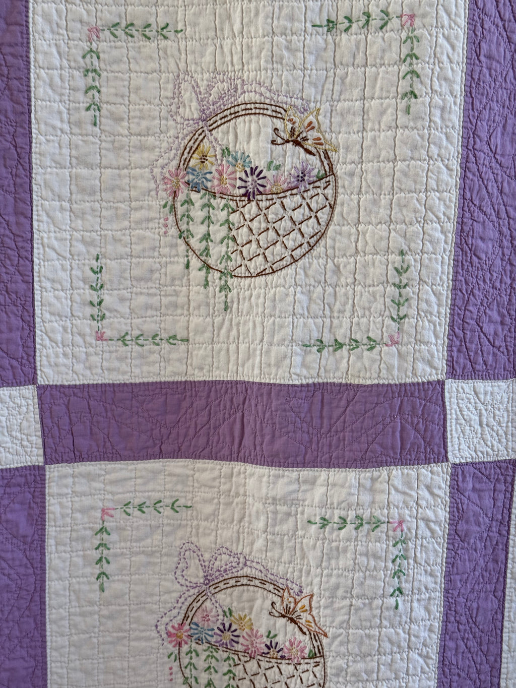Vintage Purple Flower Basket Embroidered Quilt  **SOLD**