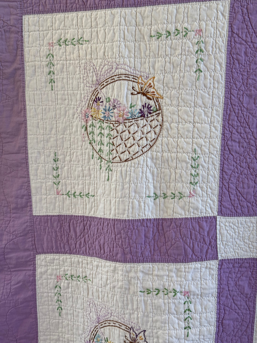Vintage Purple Flower Basket Embroidered Quilt  **SOLD**