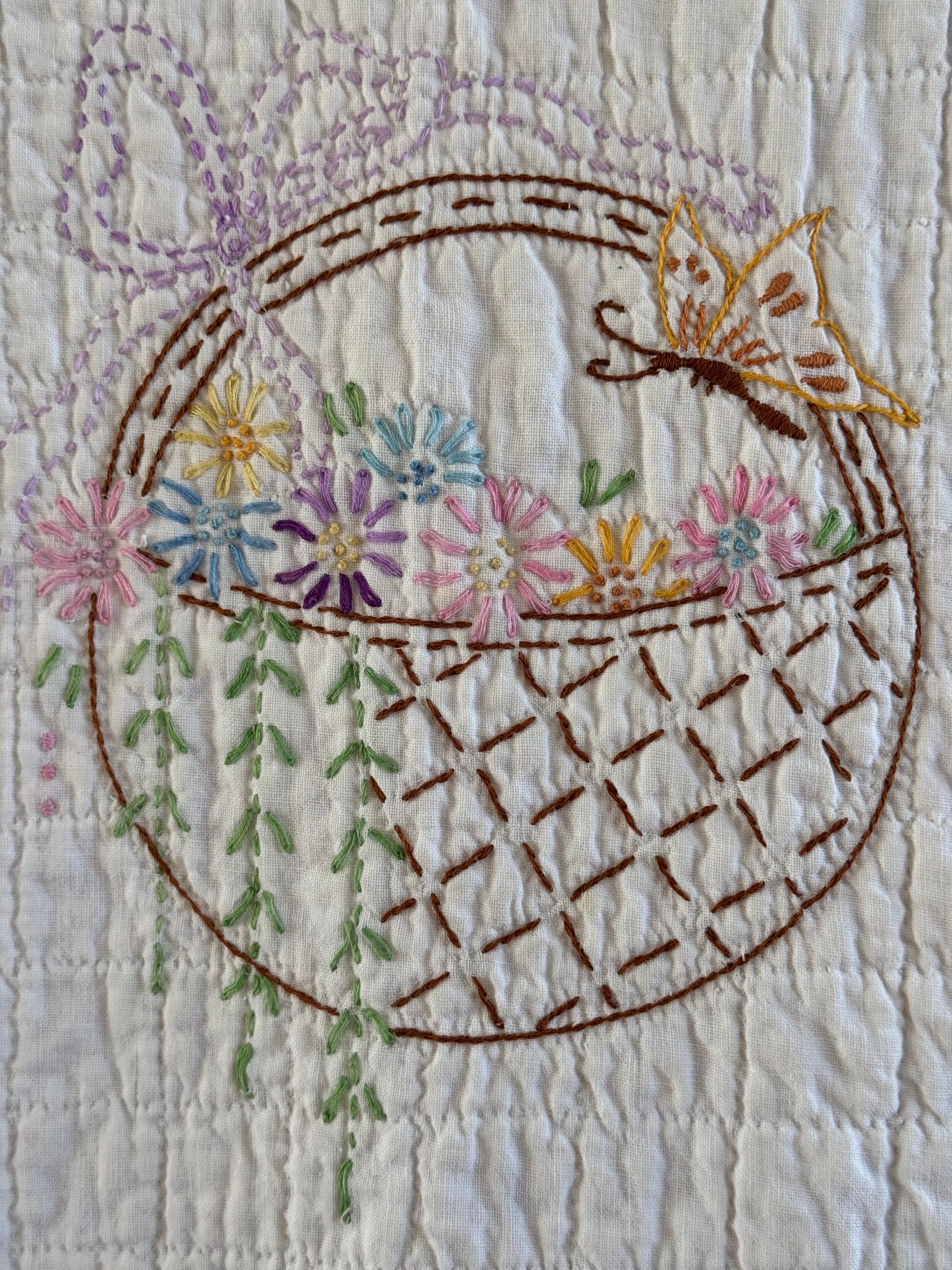 Vintage Purple Flower Basket Embroidered Quilt  **SOLD**