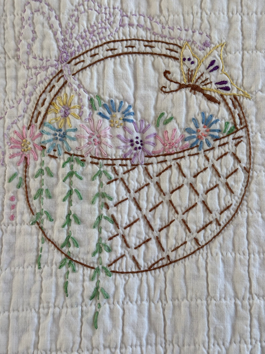 Vintage Purple Flower Basket Embroidered Quilt  **SOLD**