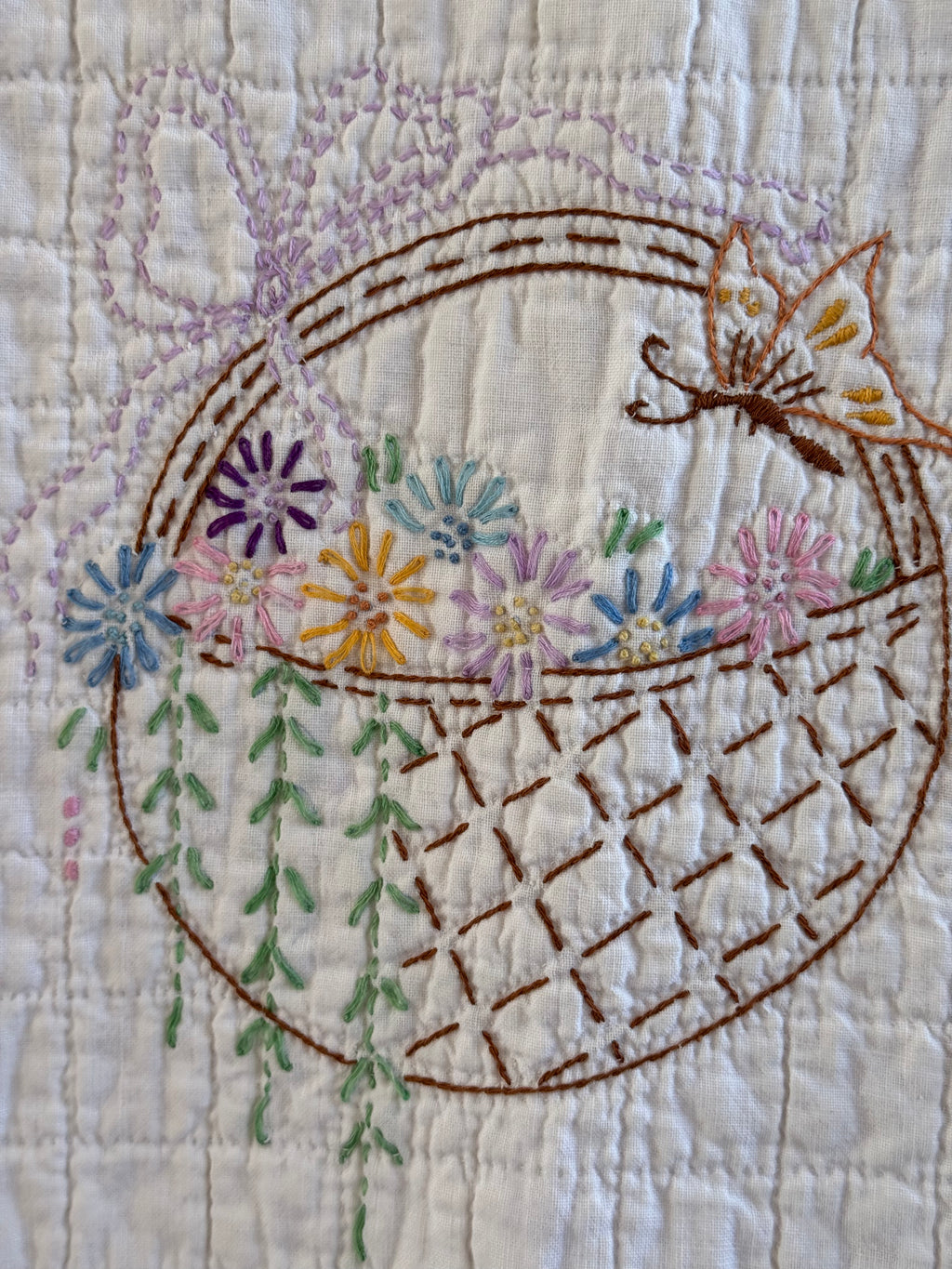 Vintage Purple Flower Basket Embroidered Quilt  **SOLD**