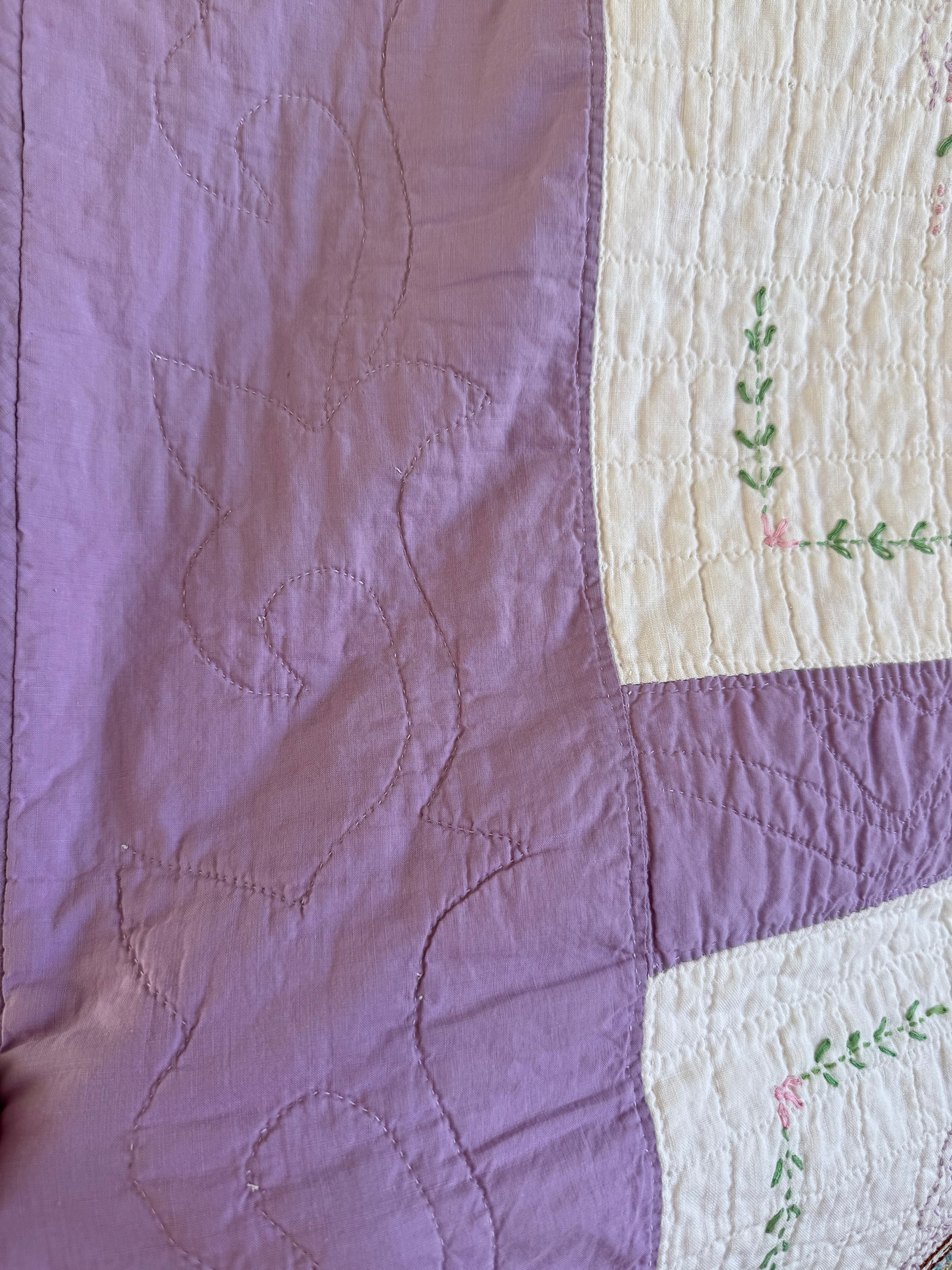 Vintage Purple Flower Basket Embroidered Quilt  **SOLD**