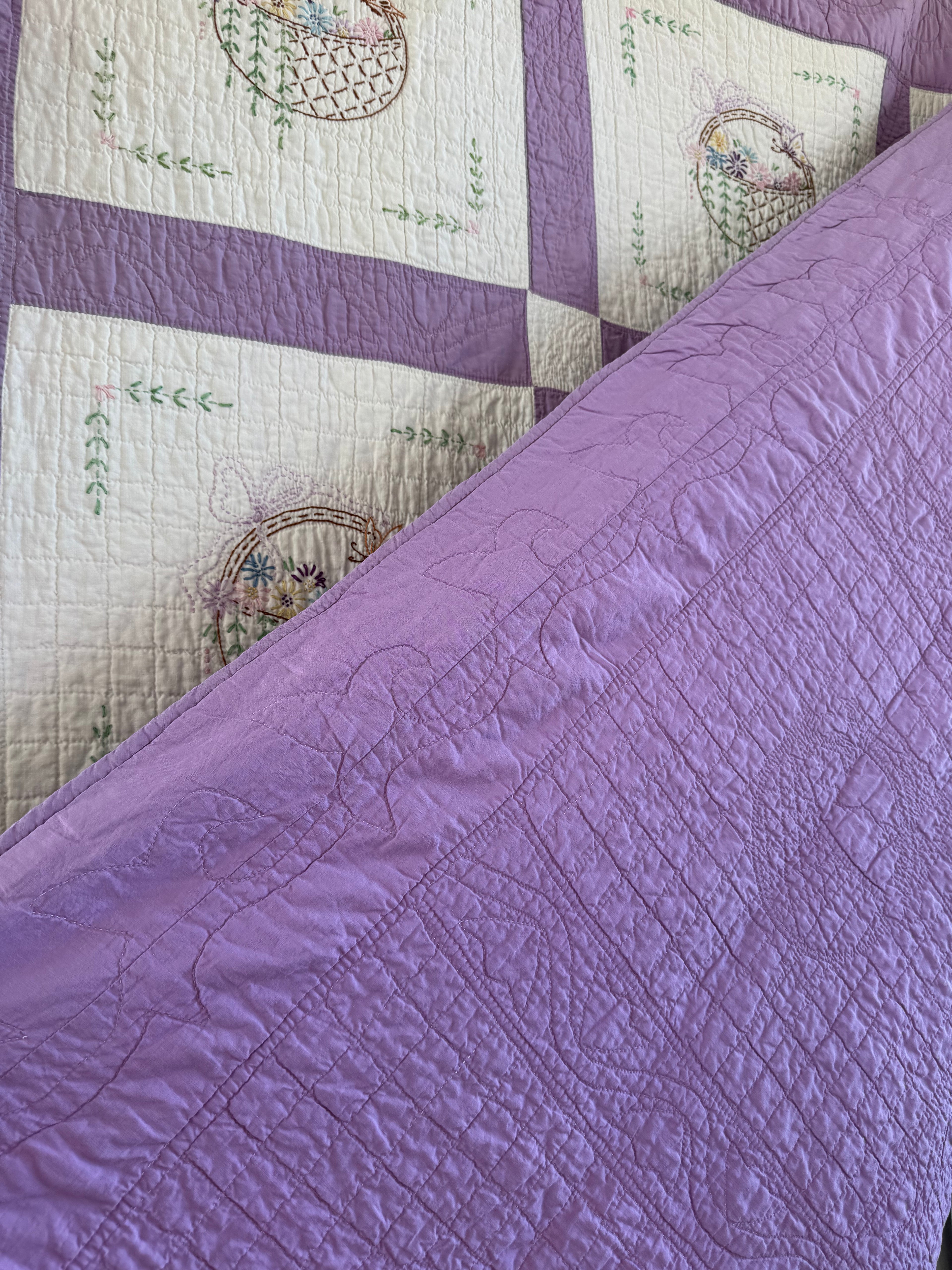 Vintage Purple Flower Basket Embroidered Quilt  **SOLD**
