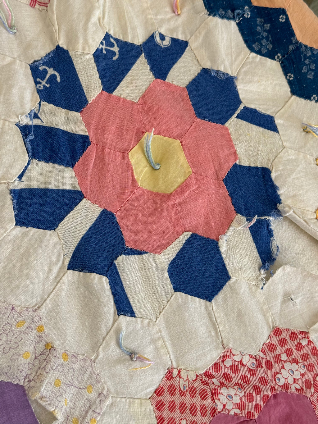 **SOLD** CUTTER - Vintage Grandma's Flower Garden Tied Quilt  **SOLD**