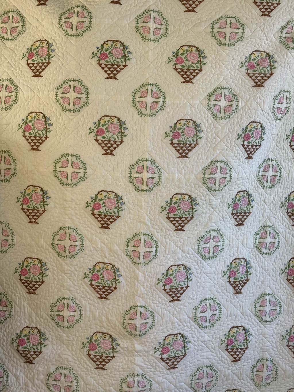 Vintage Quilt Bucilla "Flower Basket" Cross Stitch Quilt