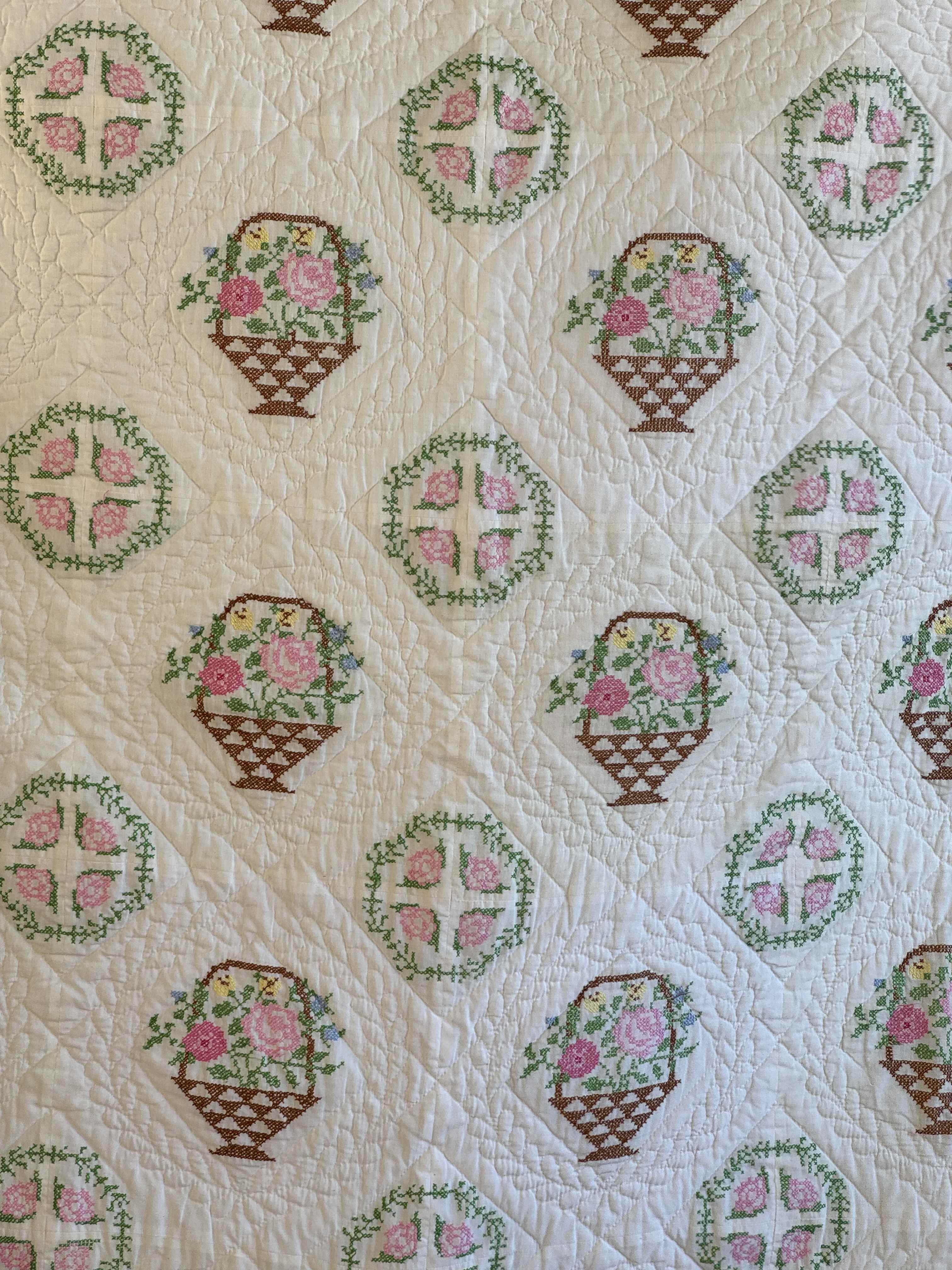 Vintage Quilt Bucilla "Flower Basket" Cross Stitch Quilt