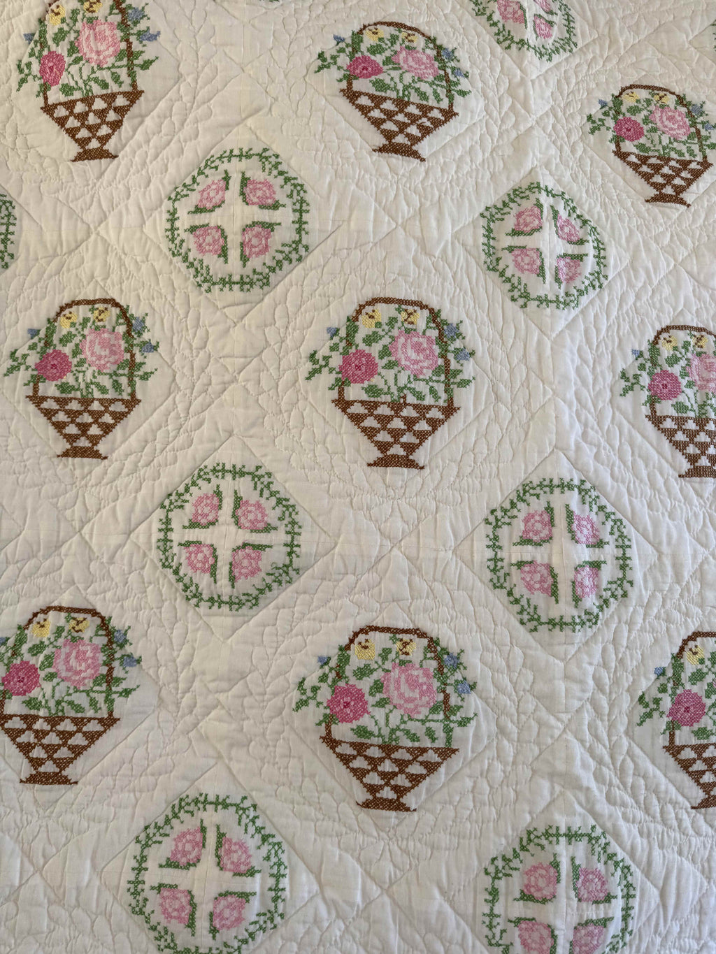 Vintage Quilt Bucilla "Flower Basket" Cross Stitch Quilt