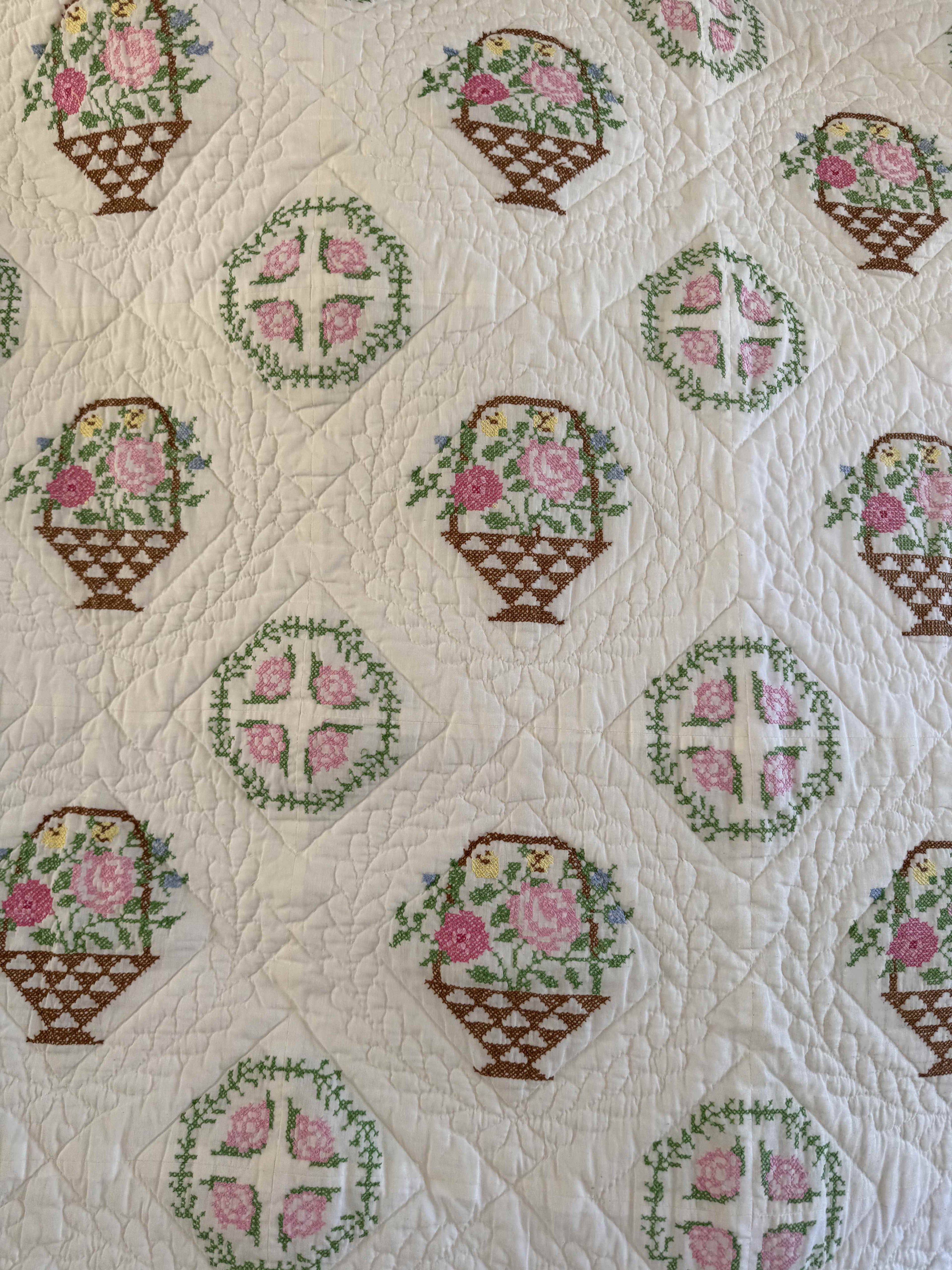 Vintage Quilt Bucilla "Flower Basket" Cross Stitch Quilt