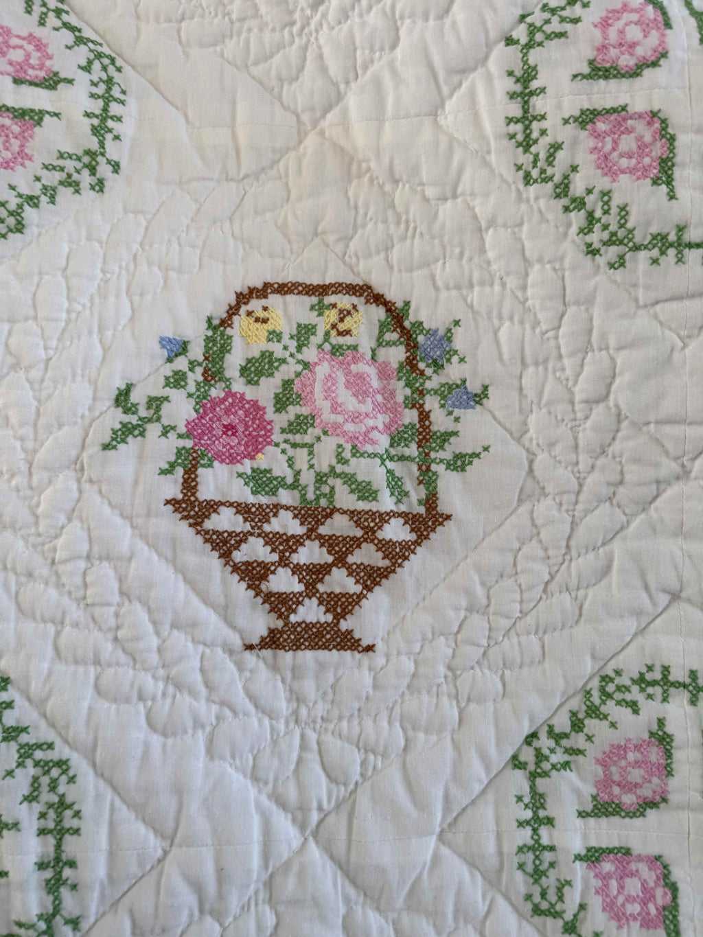 Vintage Quilt Bucilla "Flower Basket" Cross Stitch Quilt
