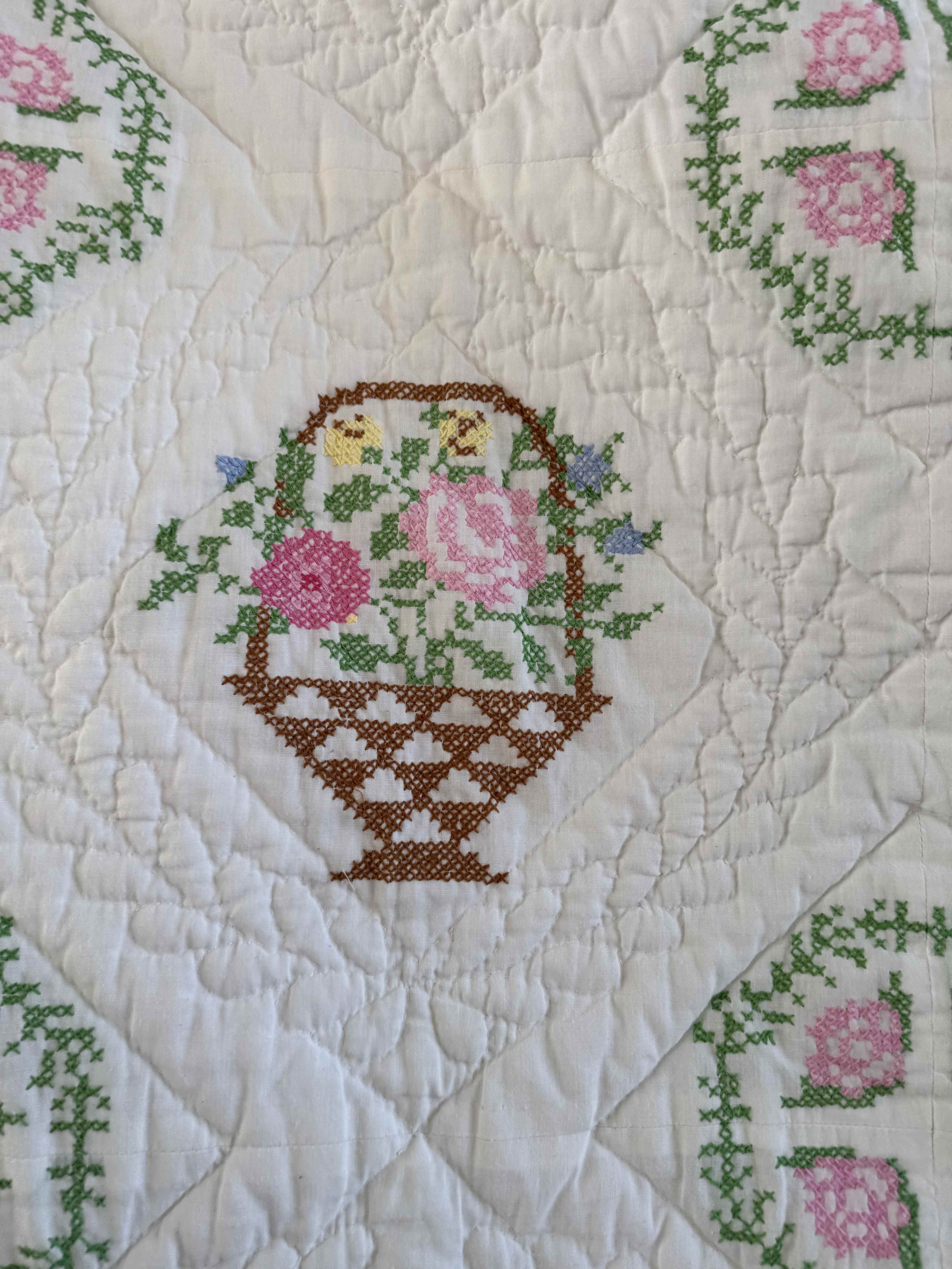 Vintage Quilt Bucilla "Flower Basket" Cross Stitch Quilt