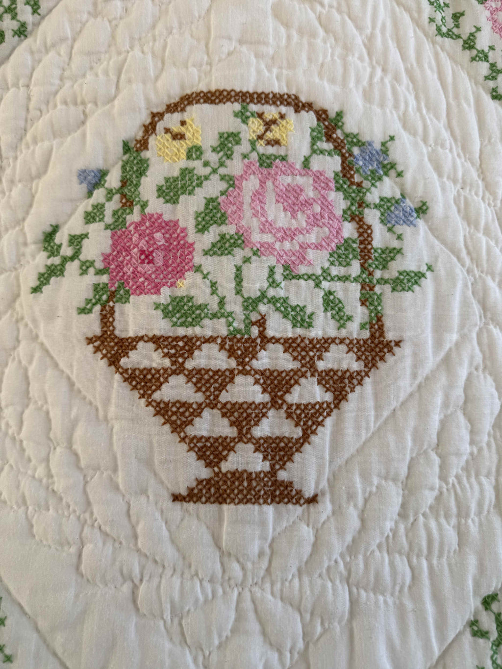 Vintage Quilt Bucilla "Flower Basket" Cross Stitch Quilt