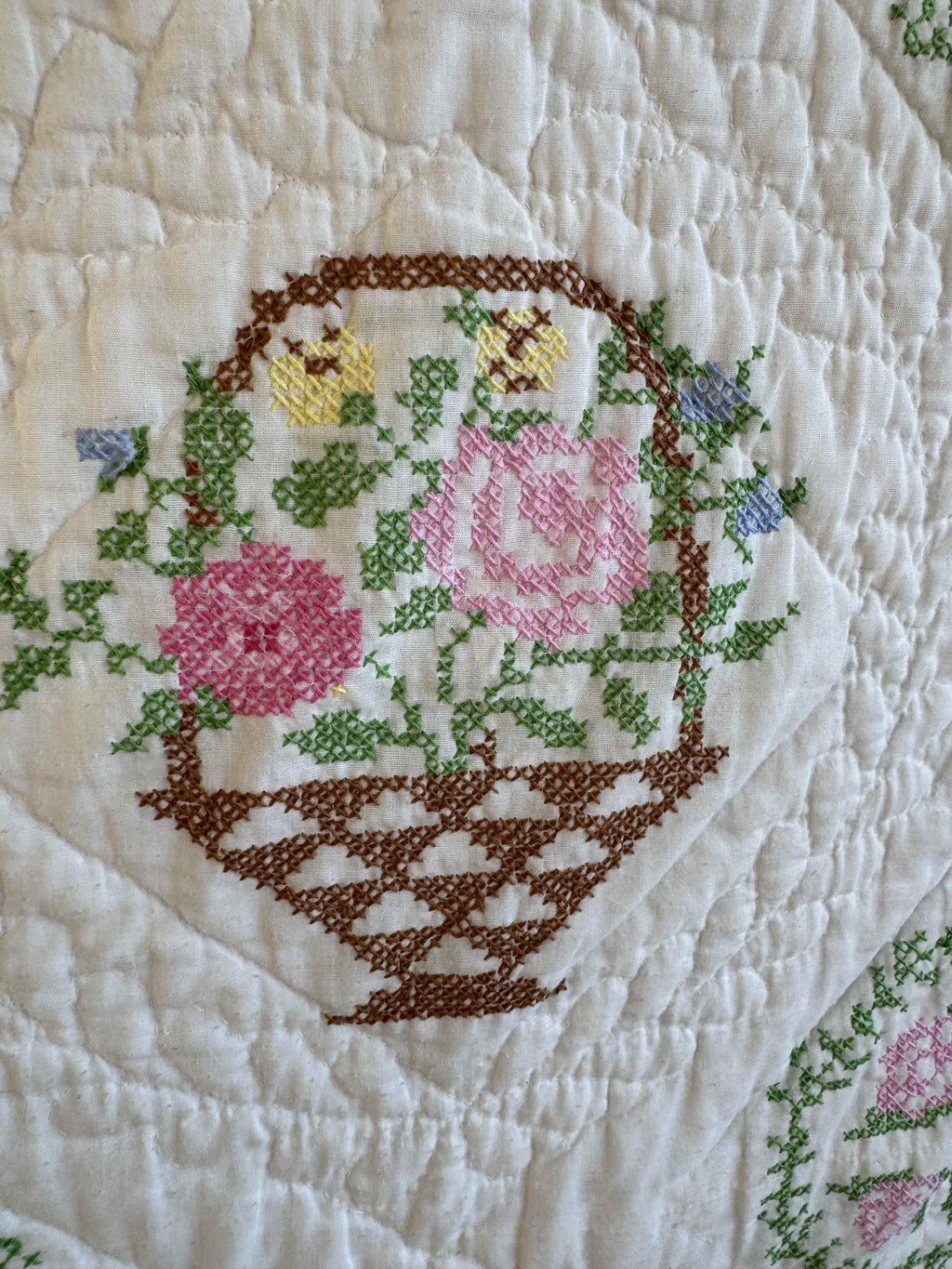 Vintage Quilt Bucilla "Flower Basket" Cross Stitch Quilt