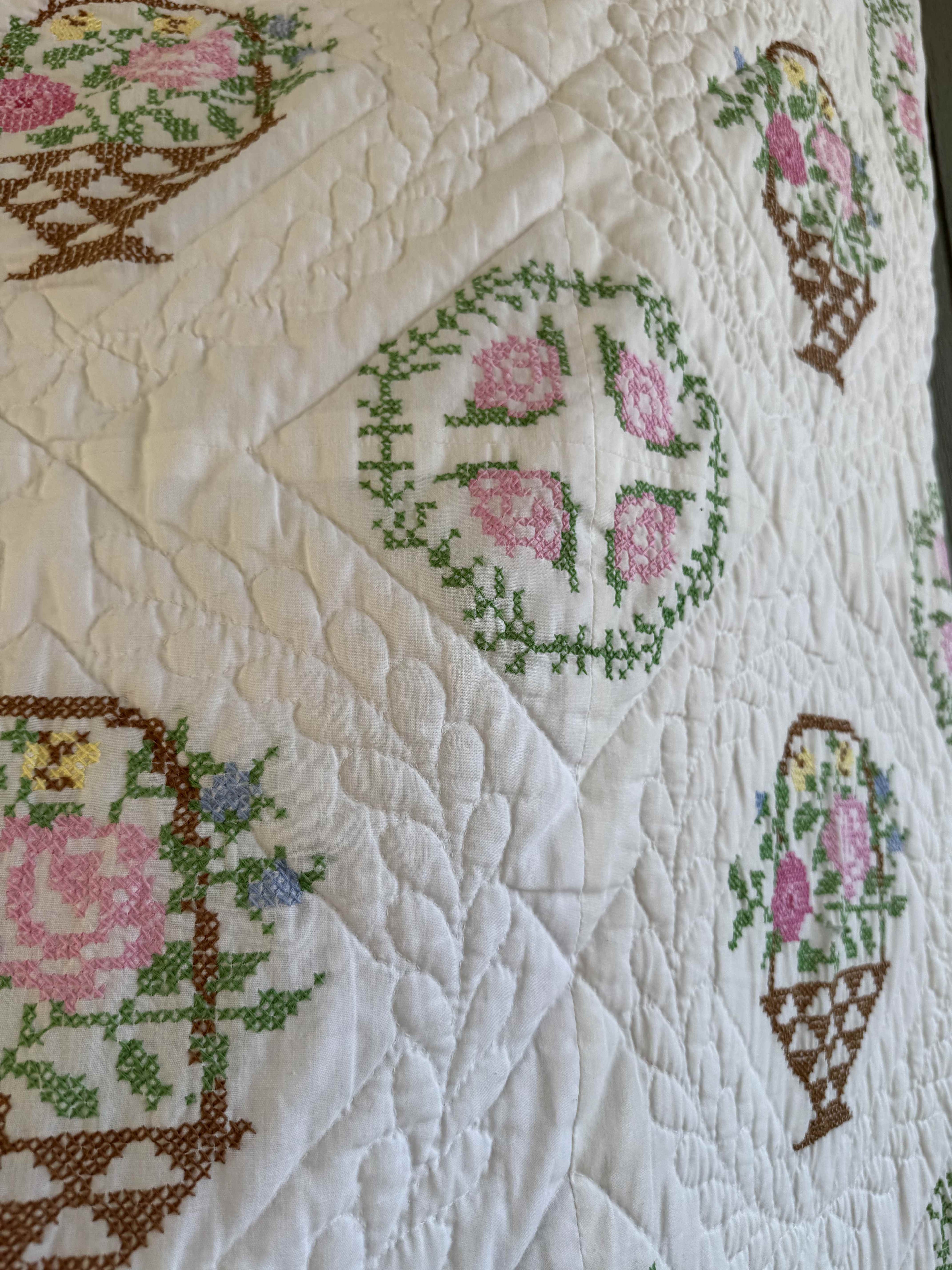 Vintage Quilt Bucilla "Flower Basket" Cross Stitch Quilt