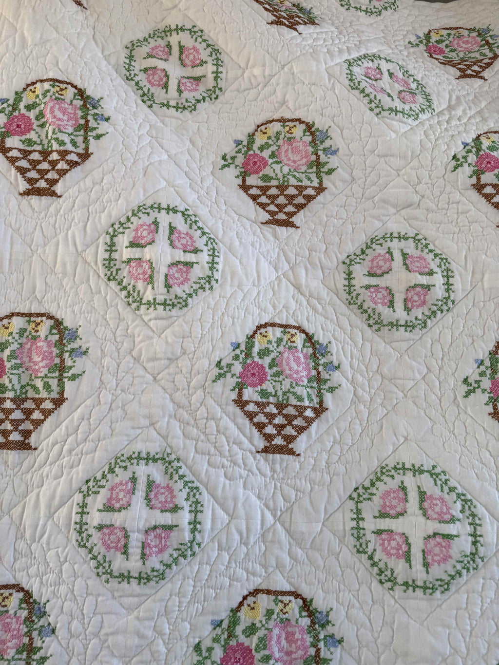 Vintage Quilt Bucilla "Flower Basket" Cross Stitch Quilt