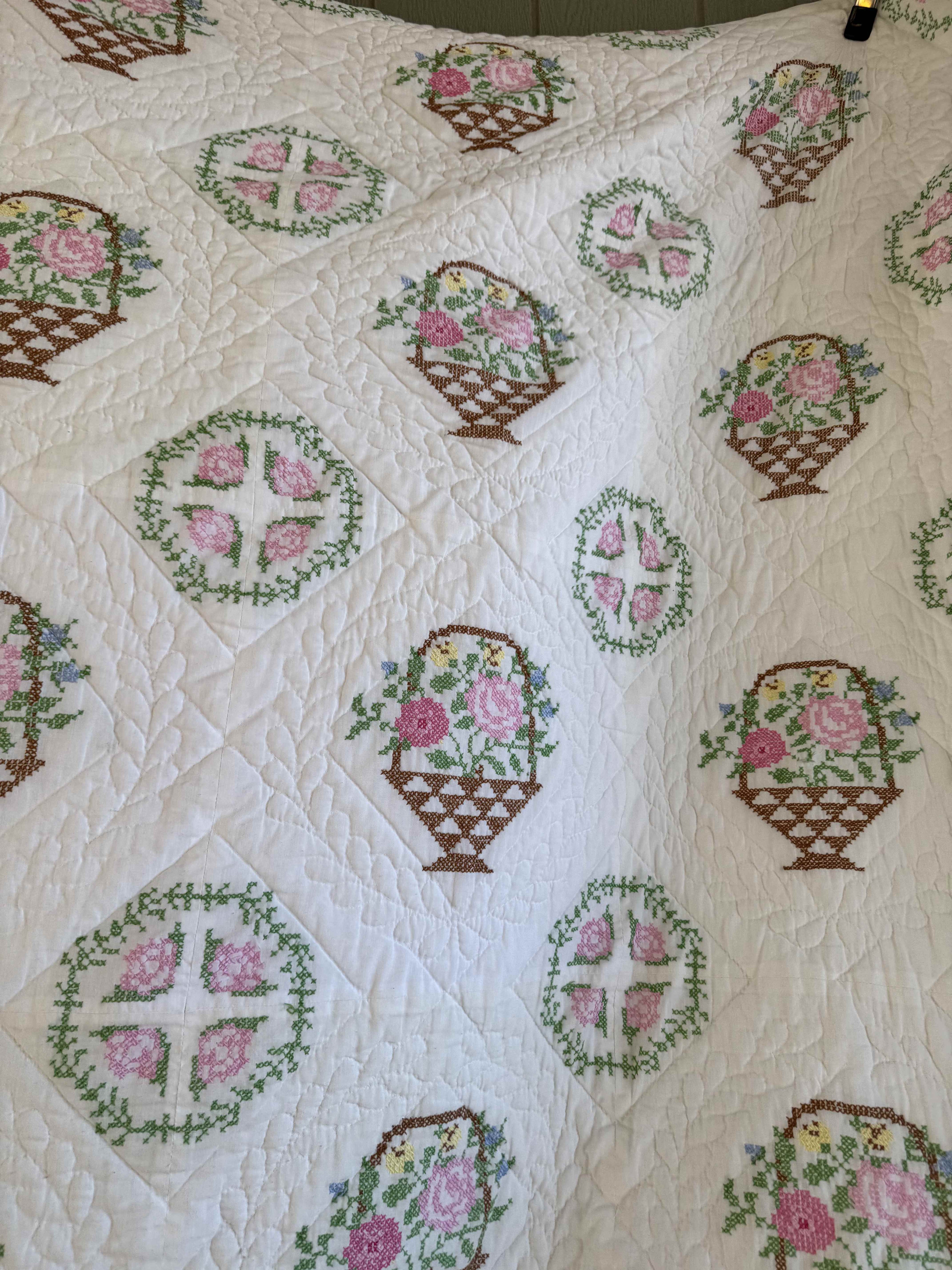Vintage Quilt Bucilla "Flower Basket" Cross Stitch Quilt