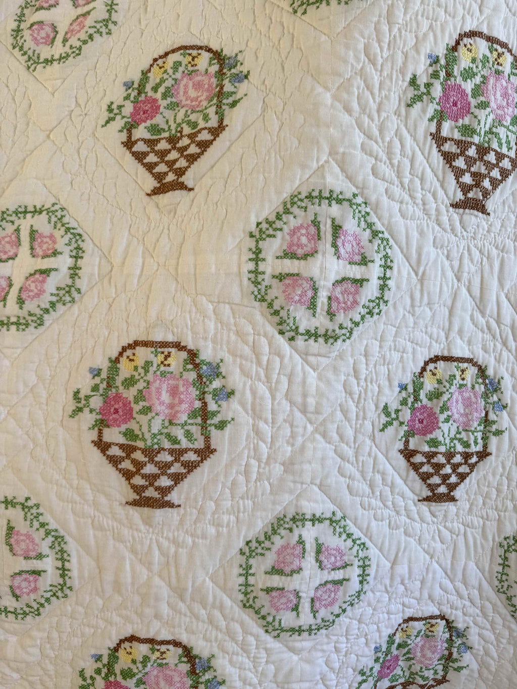 Vintage Quilt Bucilla "Flower Basket" Cross Stitch Quilt
