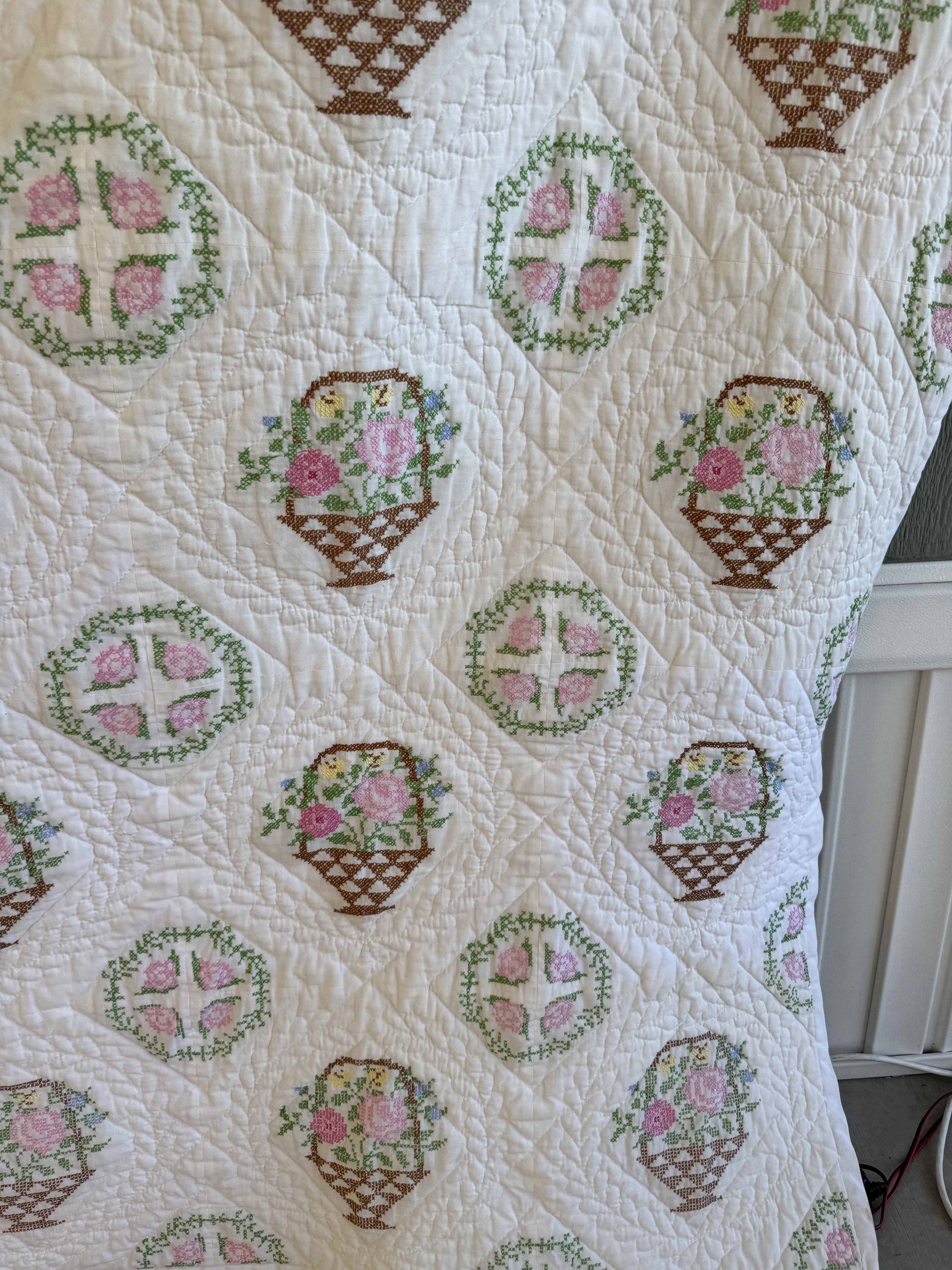 Vintage Quilt Bucilla "Flower Basket" Cross Stitch Quilt