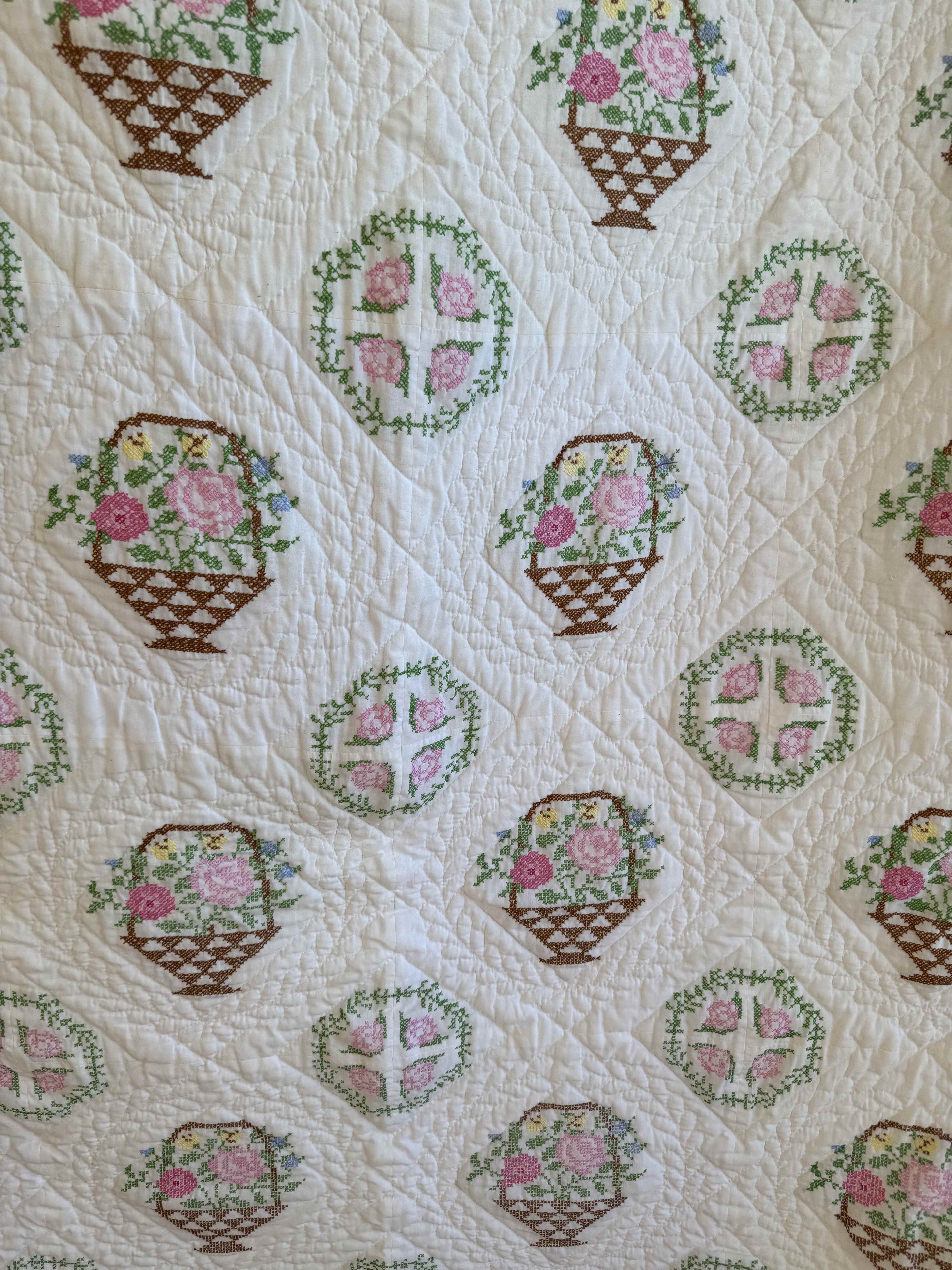 Vintage Quilt Bucilla "Flower Basket" Cross Stitch Quilt
