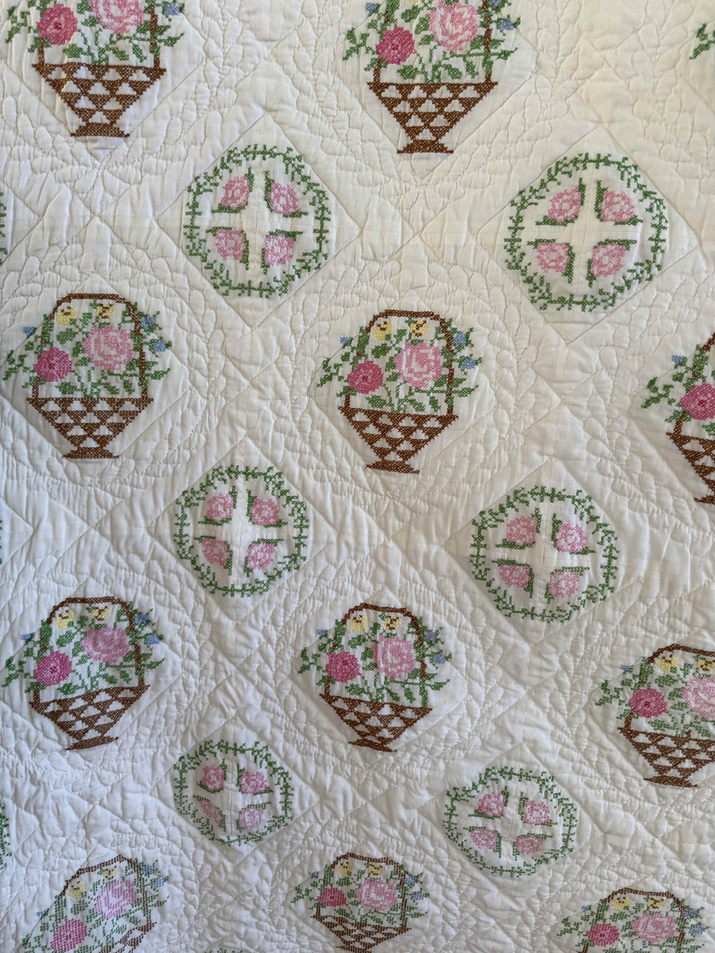 Vintage Quilt Bucilla "Flower Basket" Cross Stitch Quilt