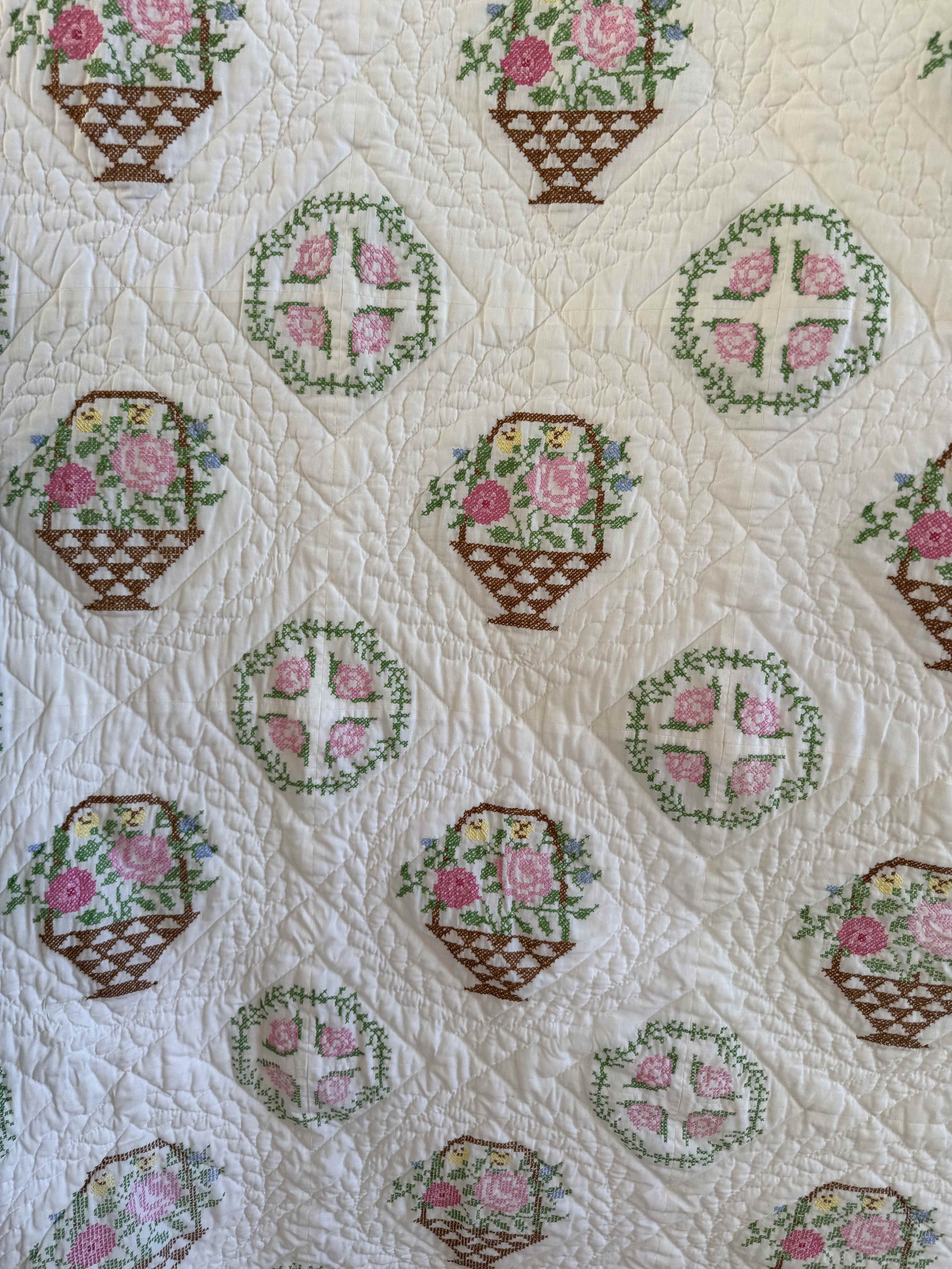 Vintage Quilt Bucilla "Flower Basket" Cross Stitch Quilt